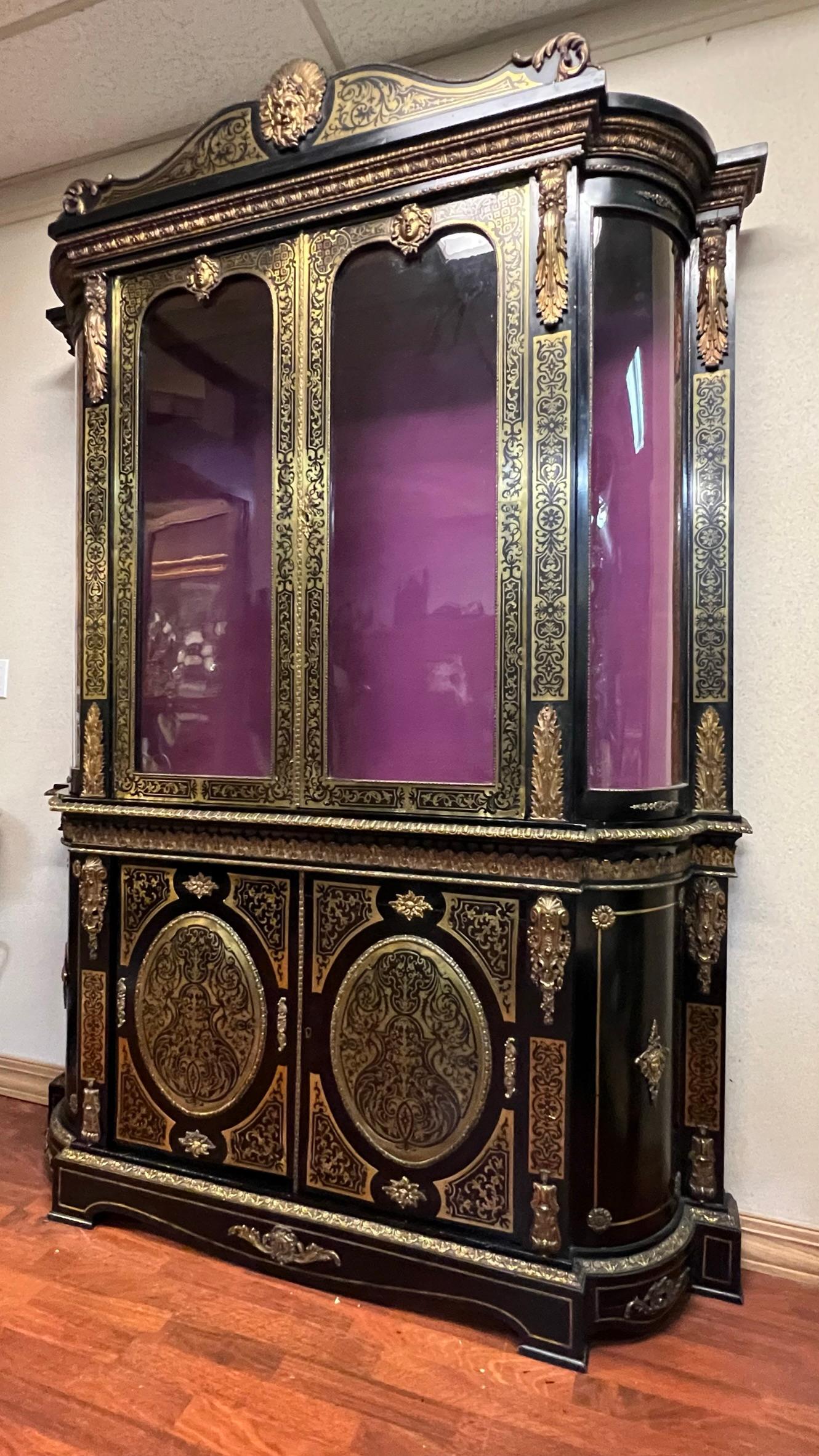 French Boulle Brass inlaid Napoleon III Ebonized Bookcase Cabinet 9