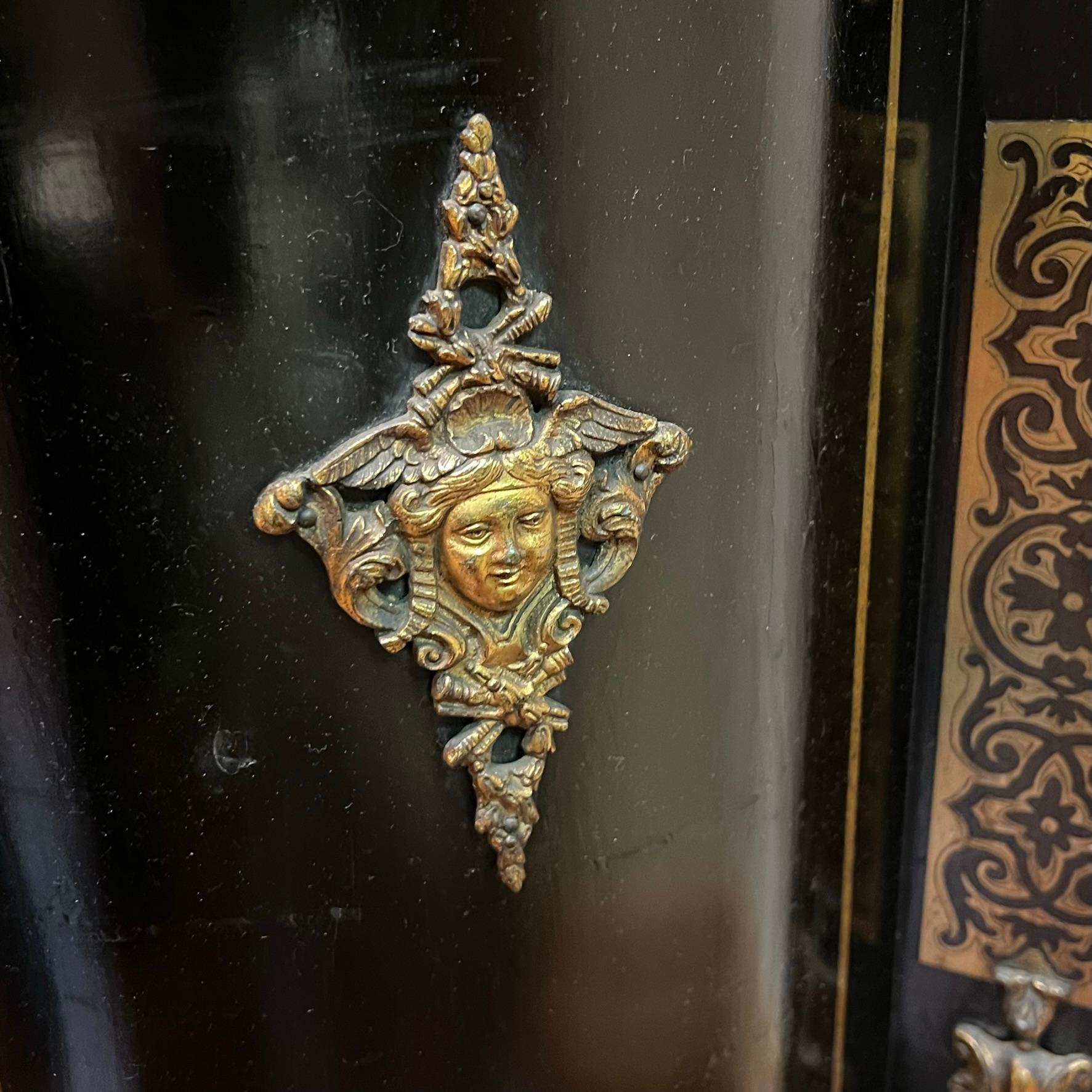 French Boulle Brass inlaid Napoleon III Ebonized Bookcase Cabinet 14