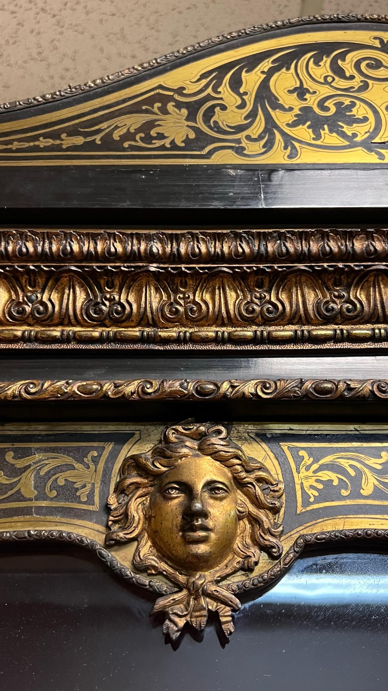 Blackened French Boulle Brass inlaid Napoleon III Ebonized Bookcase Cabinet
