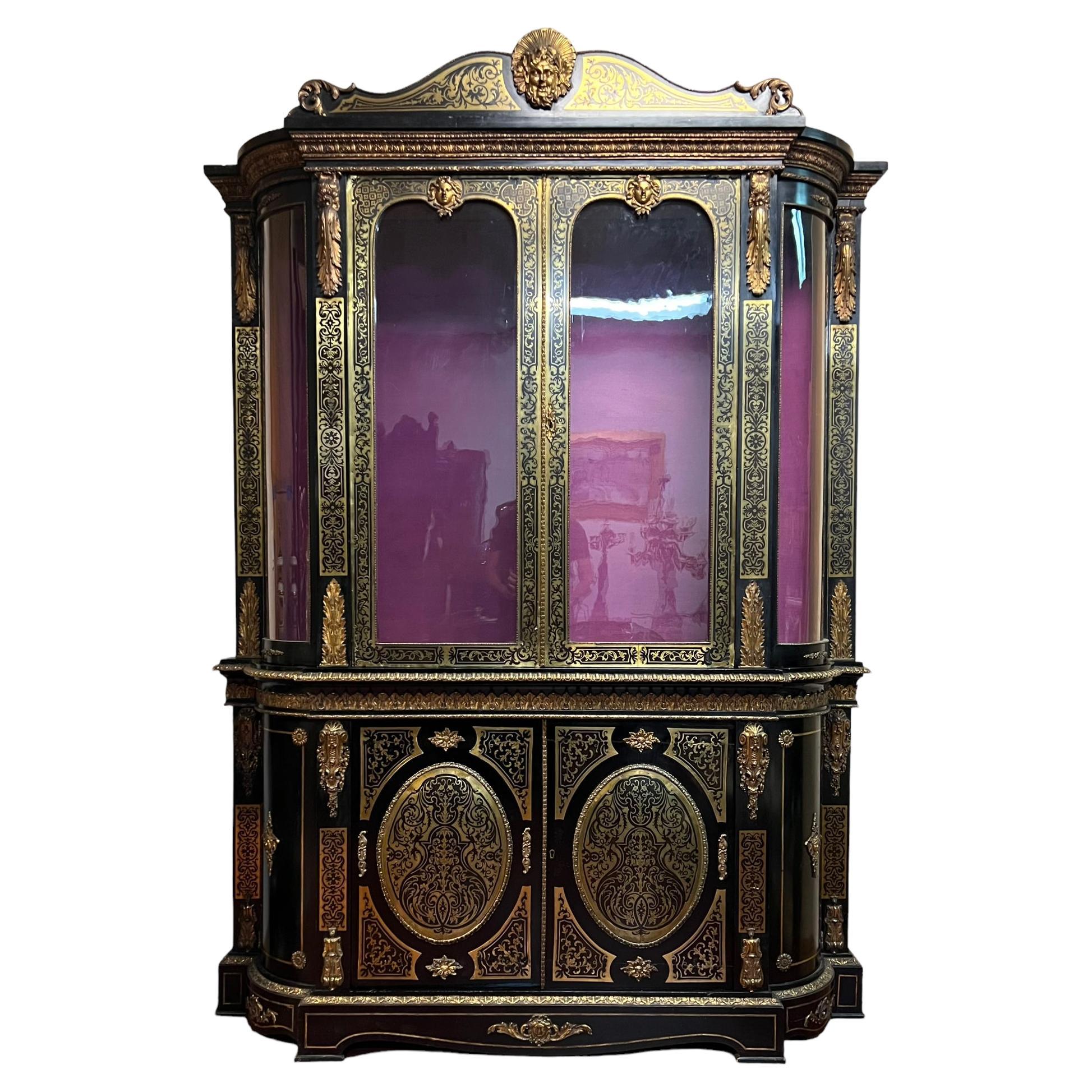 French Boulle Brass inlaid Napoleon III Ebonized Bookcase Cabinet