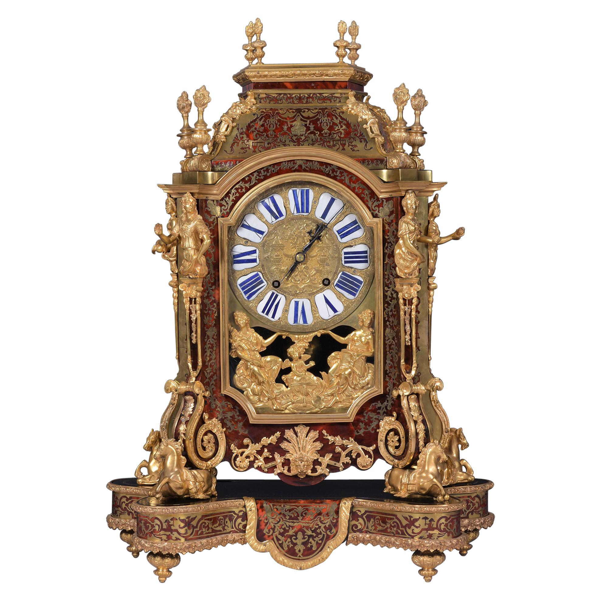French Boulle Clock After Andres Boulle, Regence Style by Denis Millard A Paris For Sale