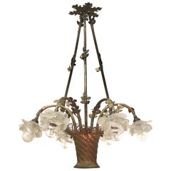 Antique French Bouquet Bronze and Glass Roses Chandelier, circa 1900s