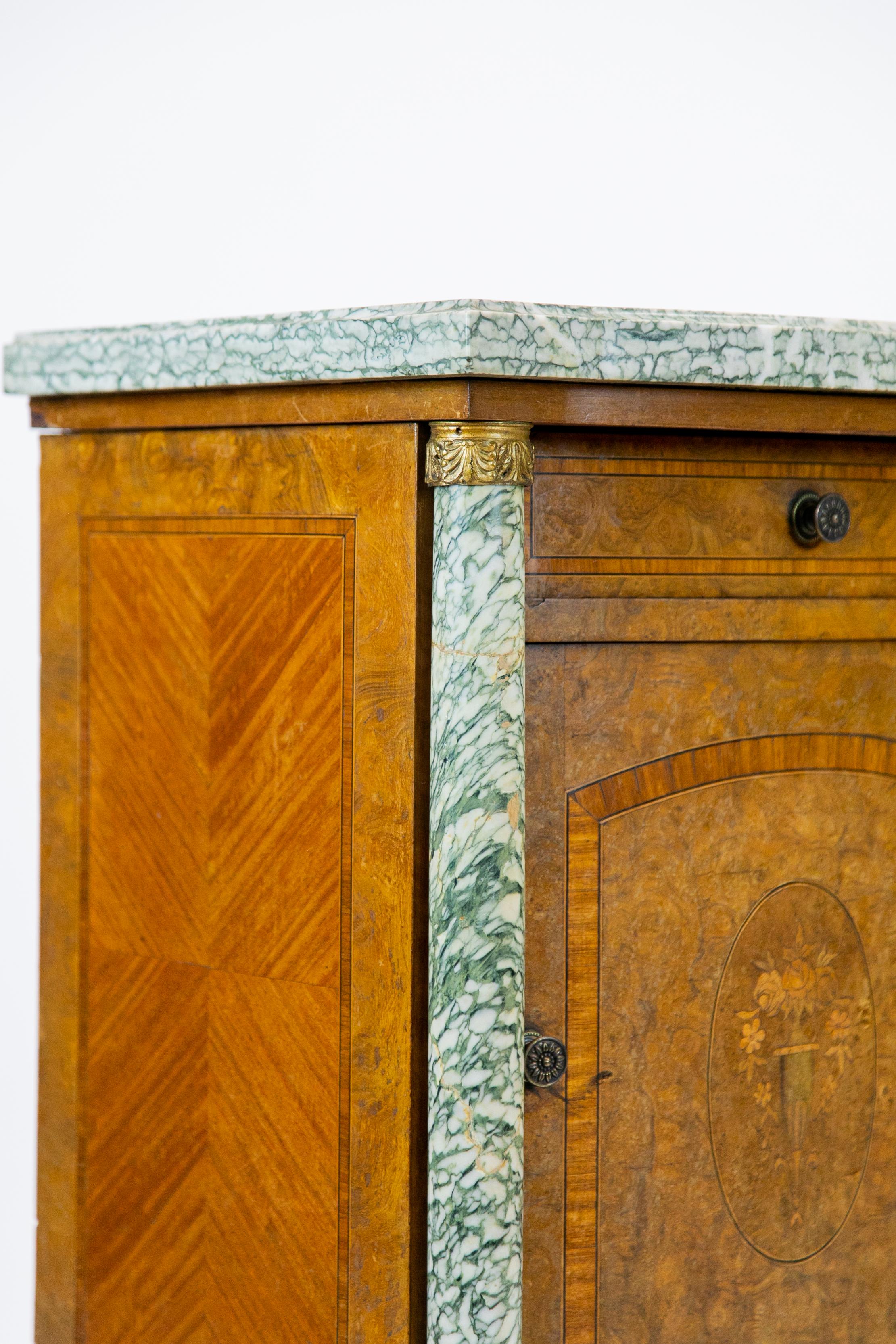 20th Century French Bow Front Burl Walnut Marble Top Inlaid Cupboard