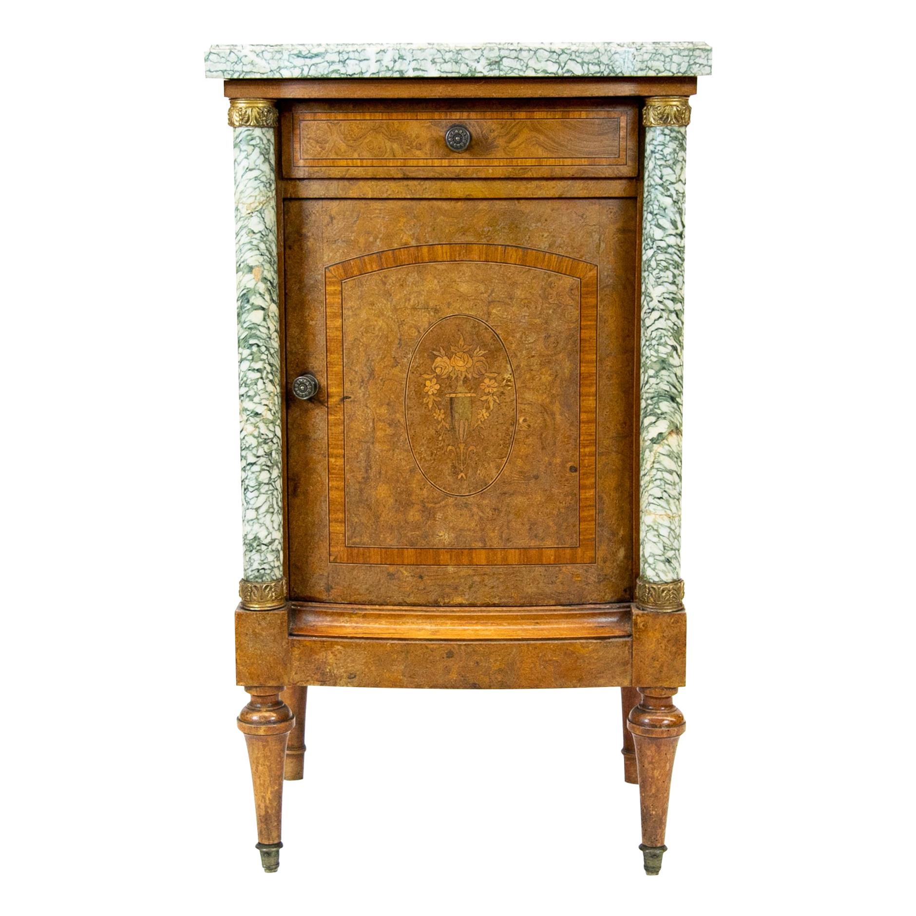 French Bow Front Burl Walnut Marble Top Inlaid Cupboard
