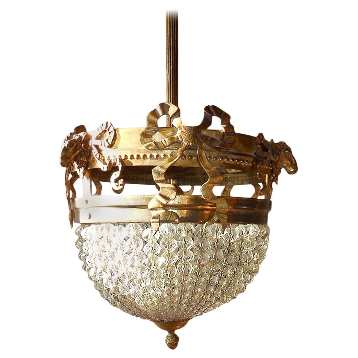 French Bows and Rams Heads Crystal Beaded Dome Chandelier, circa 1900 For Sale