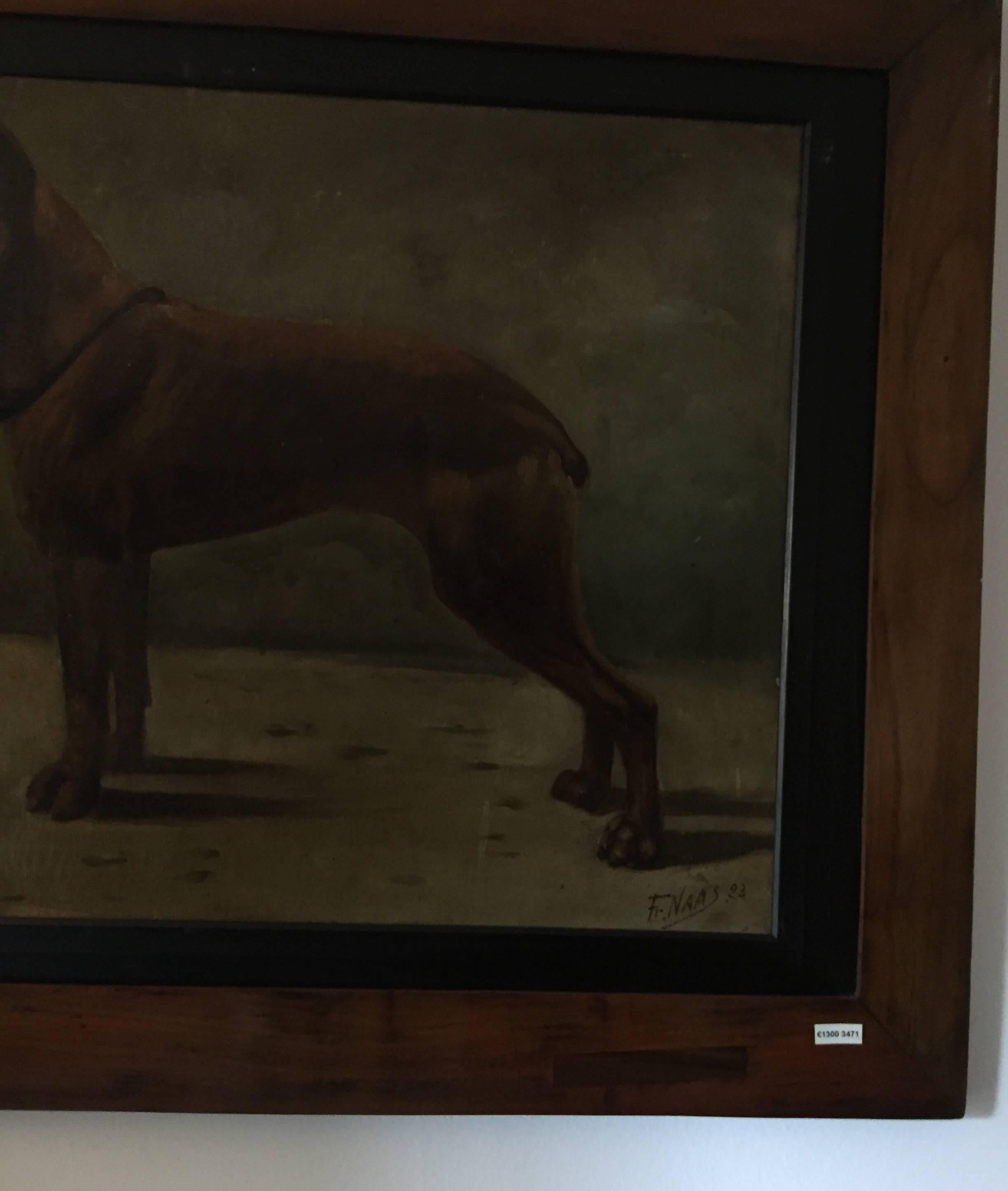 French Boxer Dog Painting by Fr Naas 1923 Oil on Canvas with Walnut Frame 3