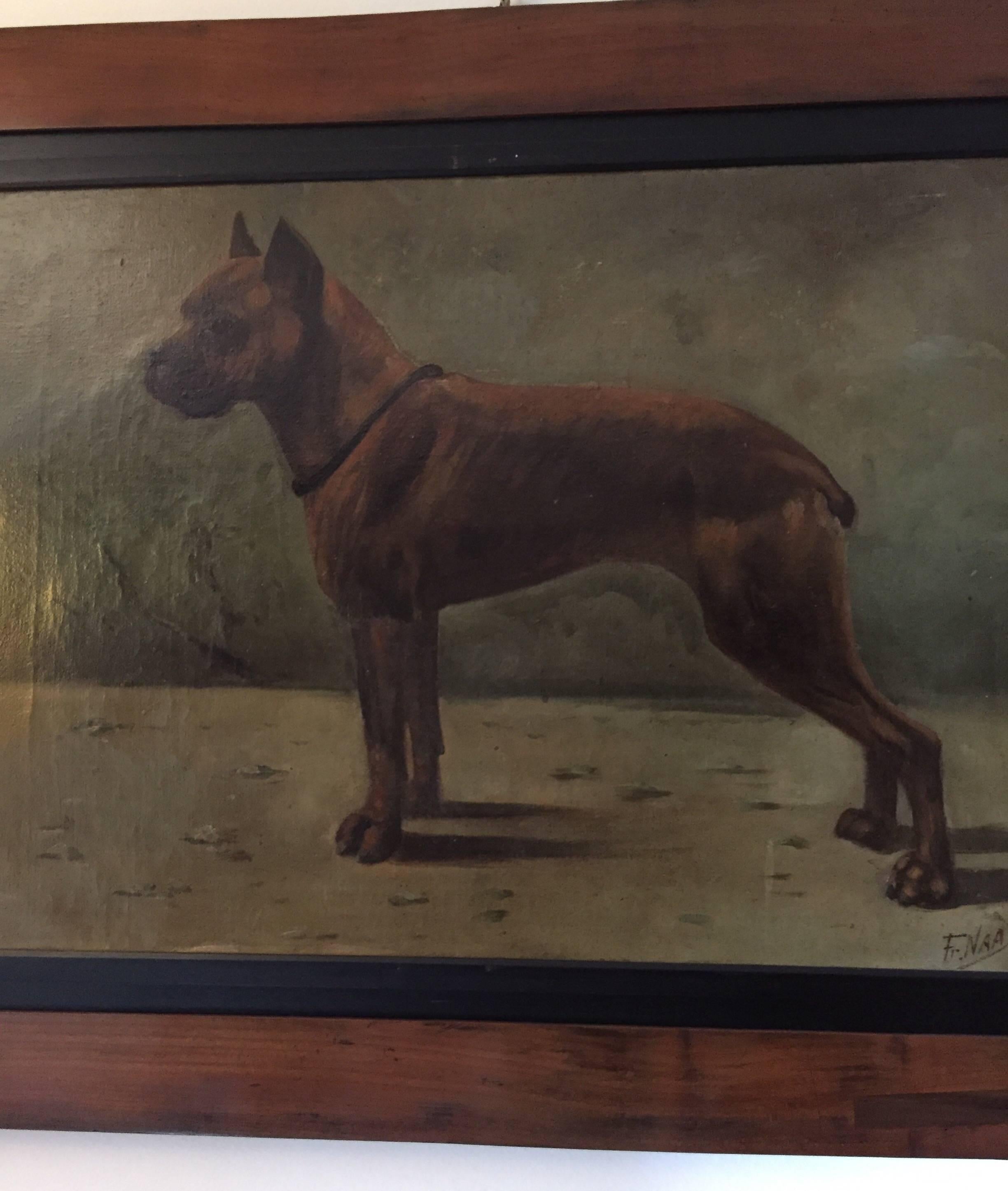 French Boxer Dog Painting by Fr Naas 1923 Oil on Canvas with Walnut Frame 4