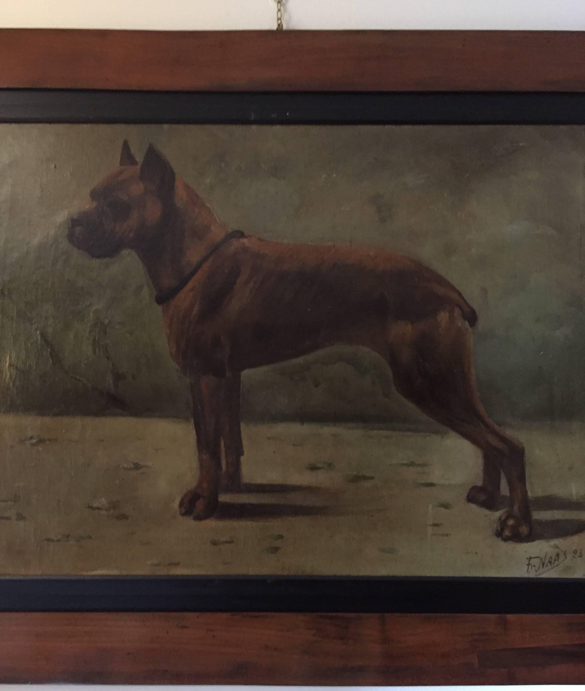 French Boxer Dog Painting by Fr Naas 1923 Oil on Canvas with Walnut Frame 7