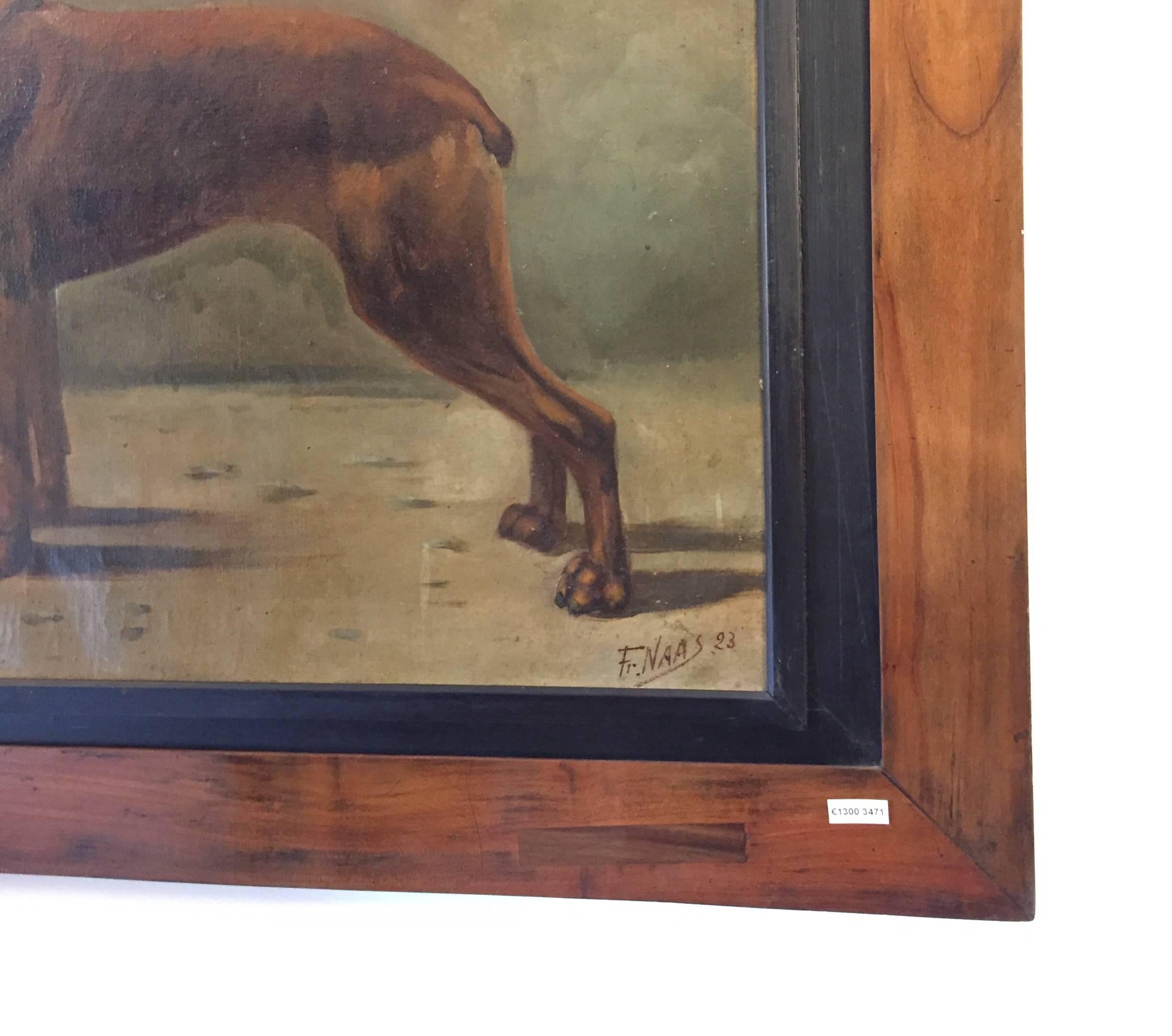 Hand-Painted French Boxer Dog Painting by Fr Naas 1923 Oil on Canvas with Walnut Frame