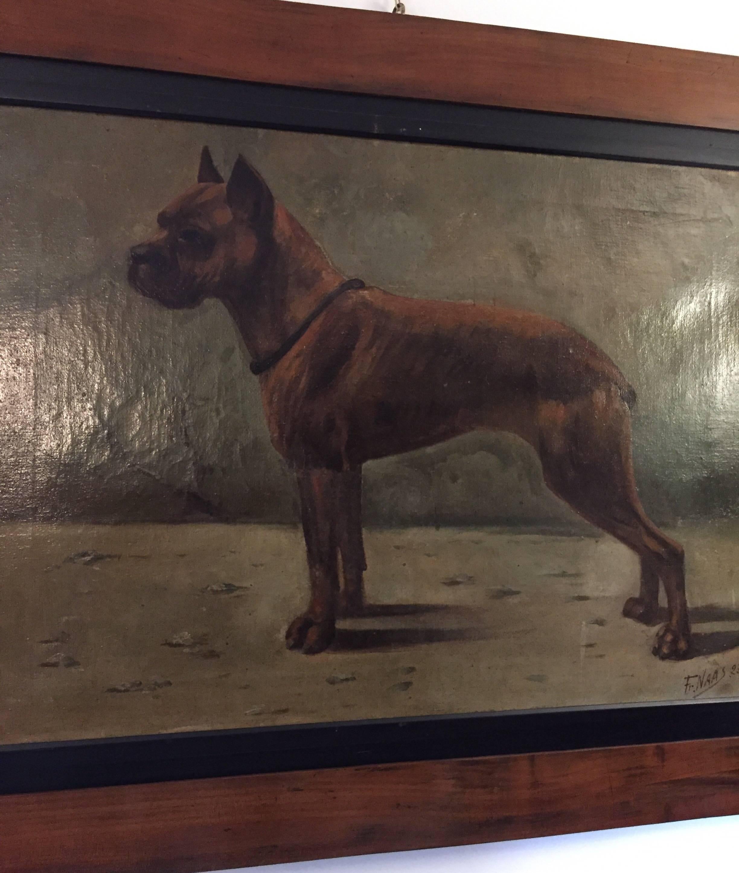 Early 20th Century French Boxer Dog Painting by Fr Naas 1923 Oil on Canvas with Walnut Frame