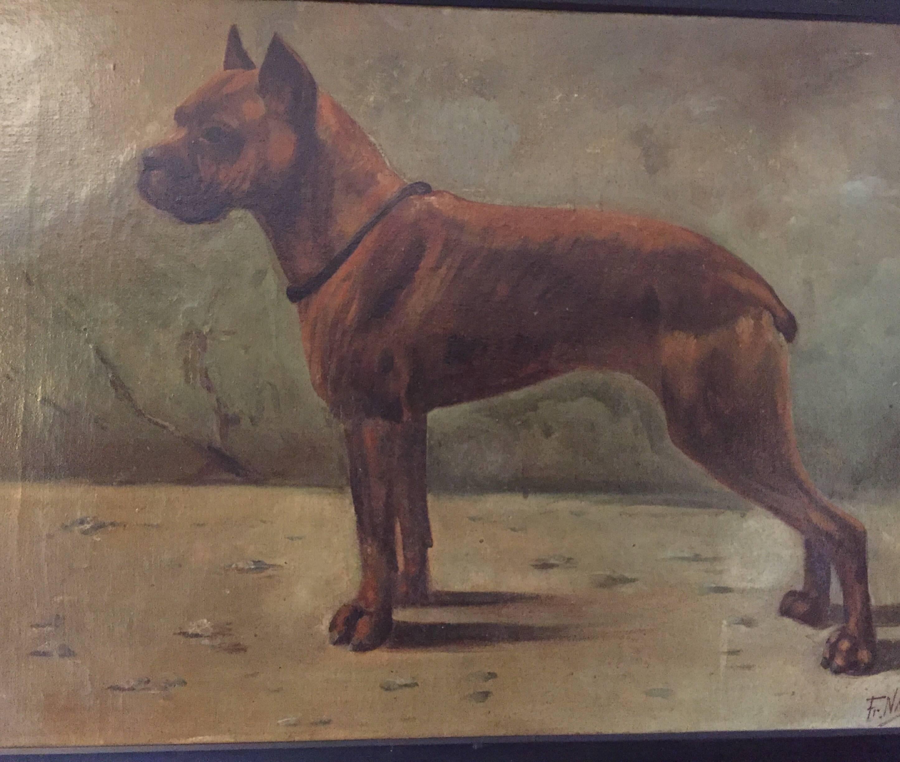 French Boxer Dog Painting by Fr Naas 1923 Oil on Canvas with Walnut Frame 2