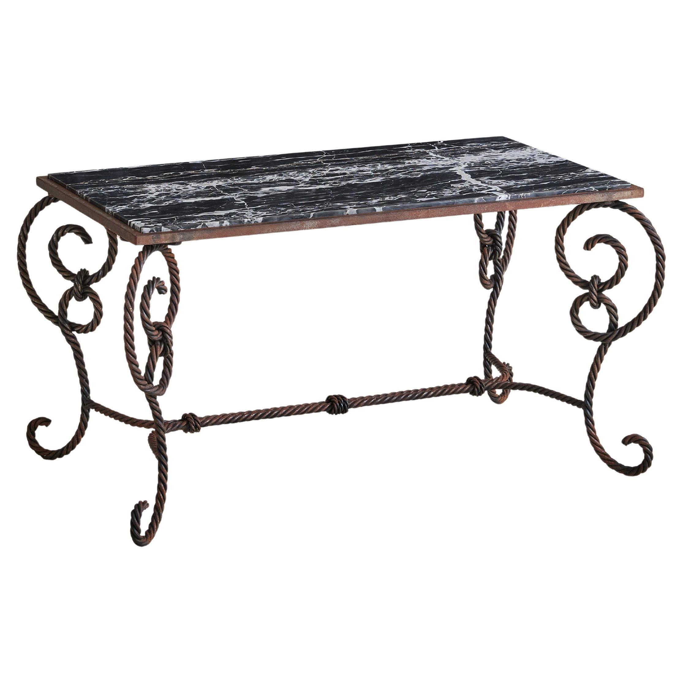 French Braided Wrought Iron Coffee Table with Nero Marquina Marble Top, 1940s