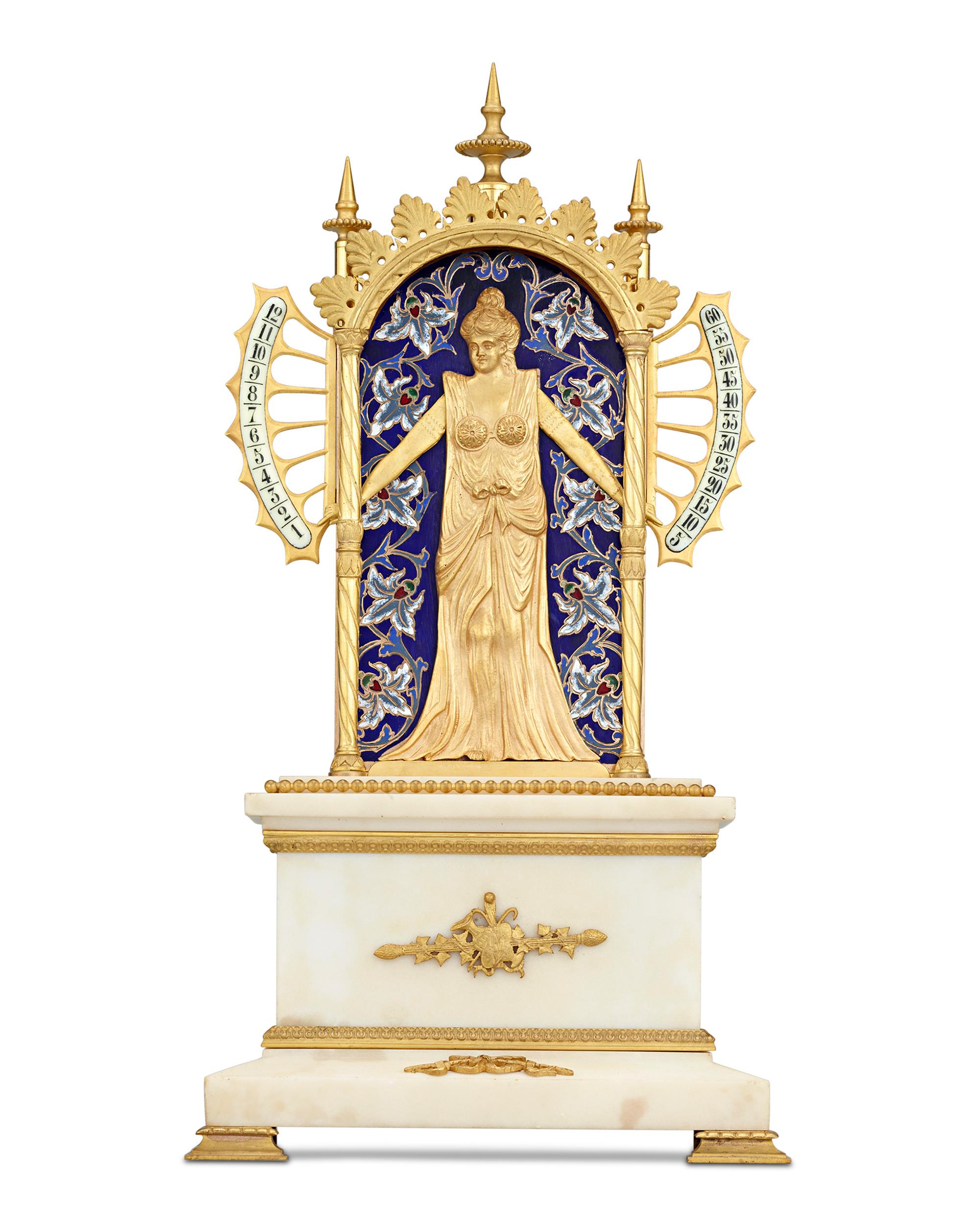 This very rare and spectacular French bras en l'air (arms in air) mantel clock features a lovely doré bronze maiden who indicates the time with her extended arms and fingers pointed to the corresponding hours and minutes. Also classified as a