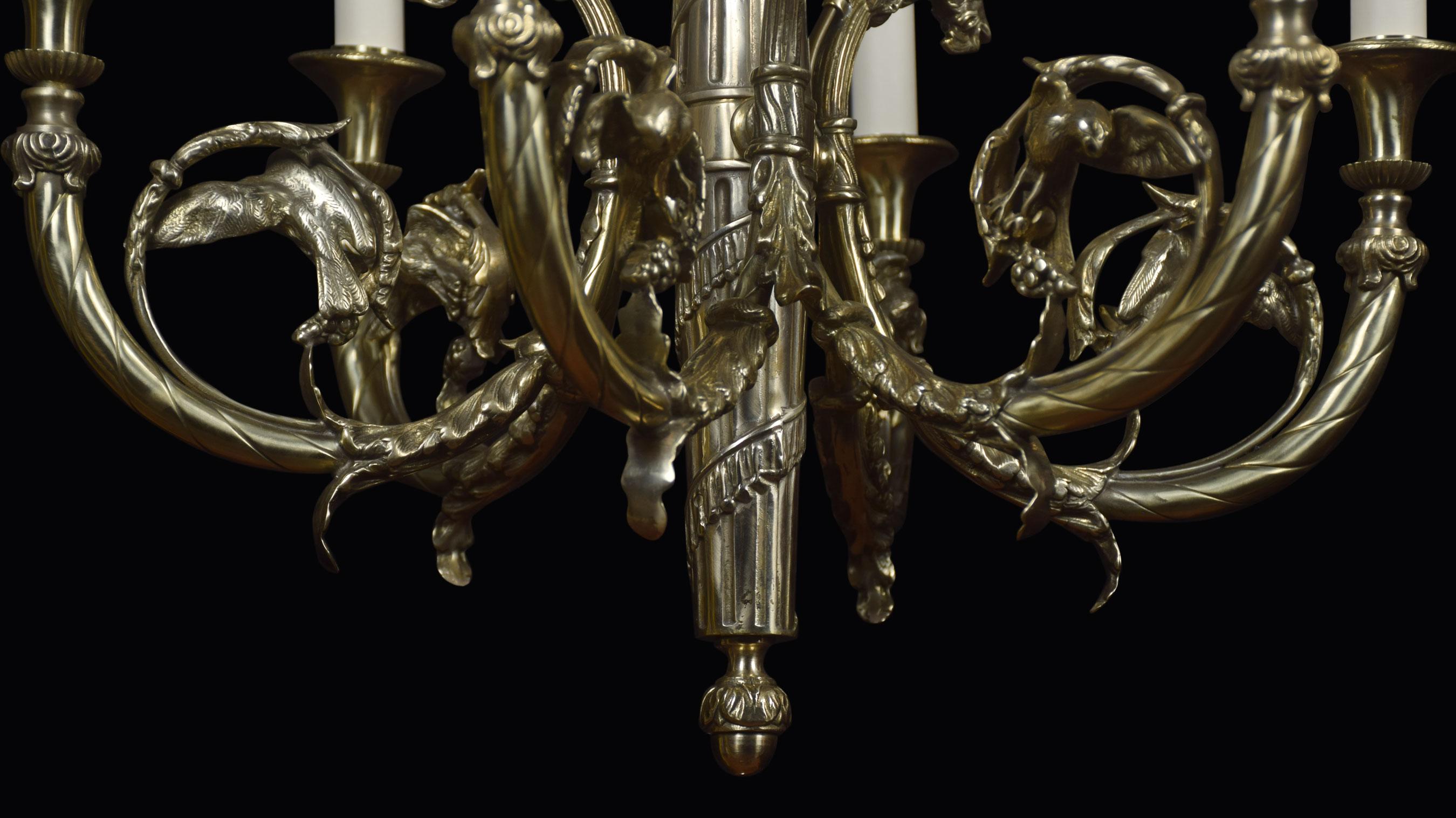 French Brass Six Branch Chandelier In Good Condition In Cheshire, GB