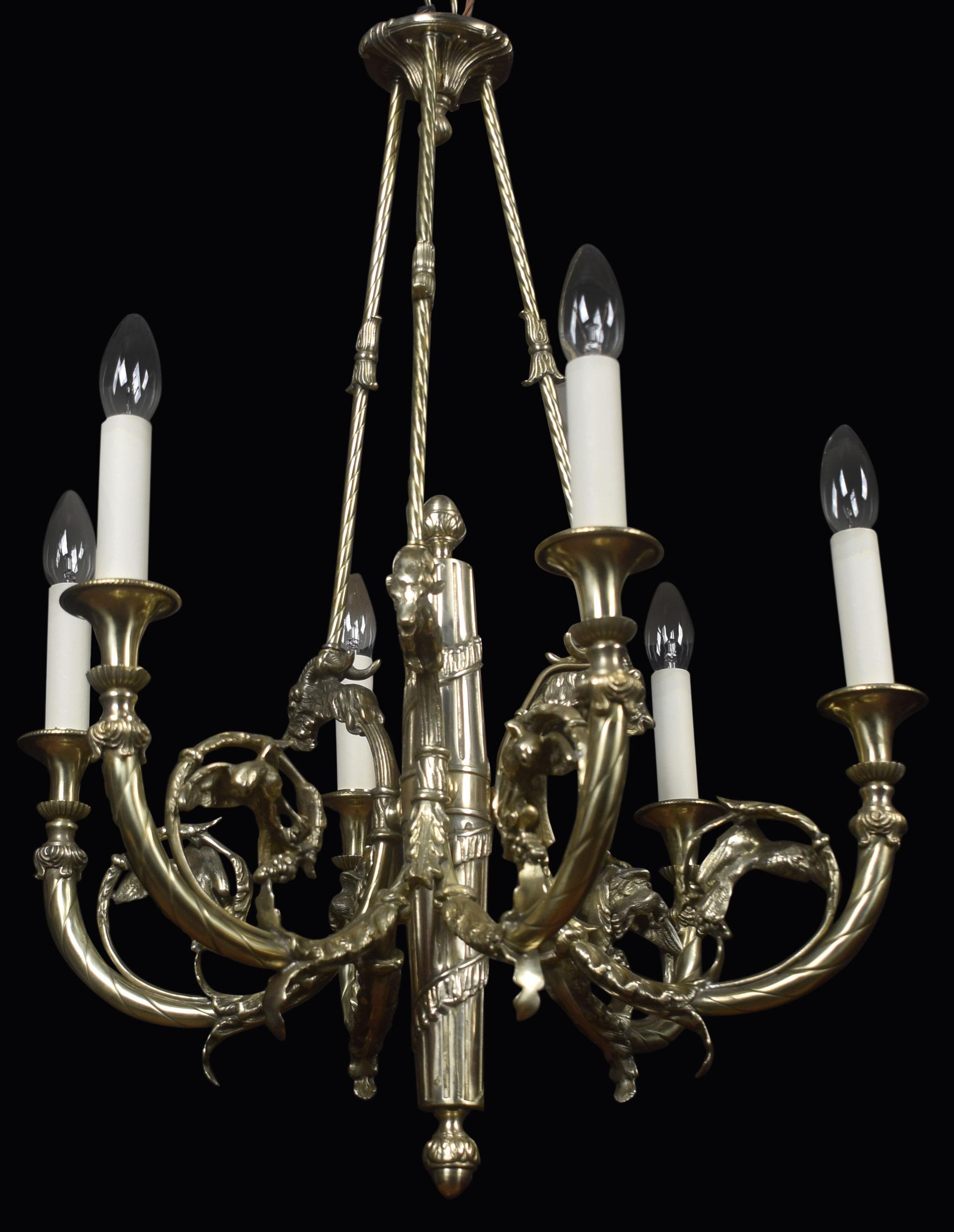 French Brass Six Branch Chandelier 3