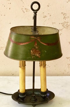 French Brass 19th Century Bouillote Lamp with Green Tole Painted Shade