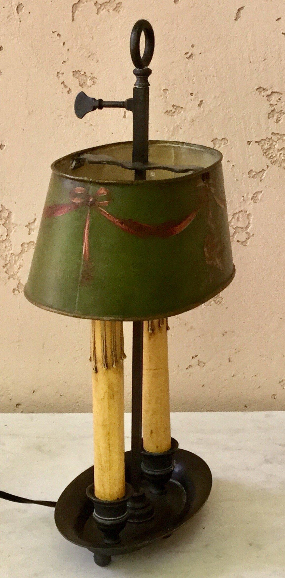 French Provincial French Brass 19th Century Bouillote Lamp with Green Tole Painted Shade