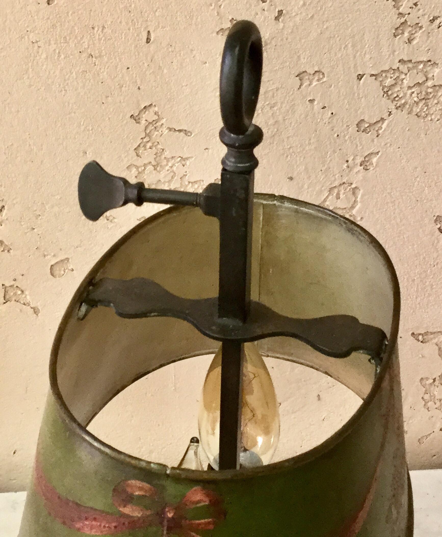 French Brass 19th Century Bouillote Lamp with Green Tole Painted Shade In Good Condition In Austin, TX