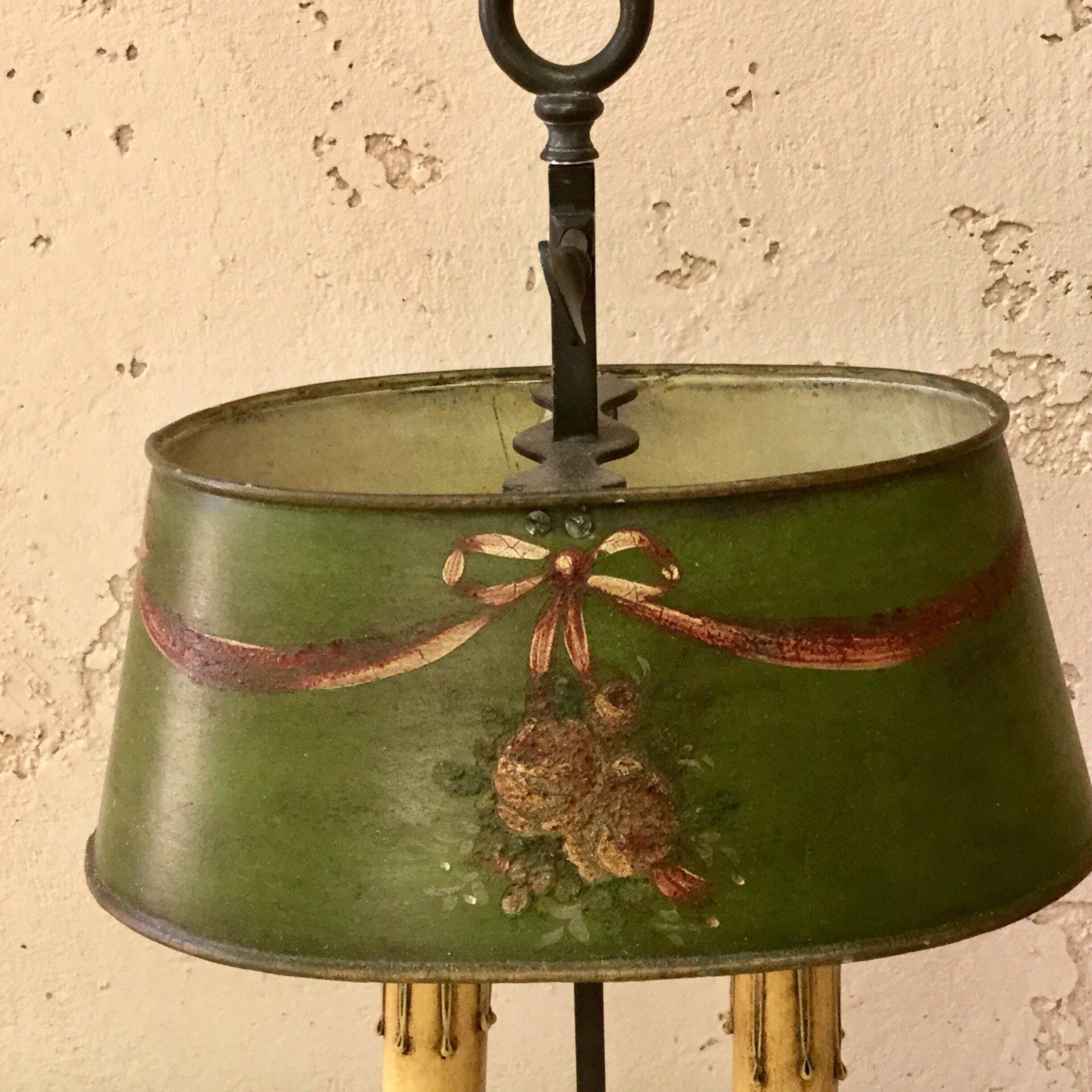 Late 19th Century French Brass 19th Century Bouillote Lamp with Green Tole Painted Shade