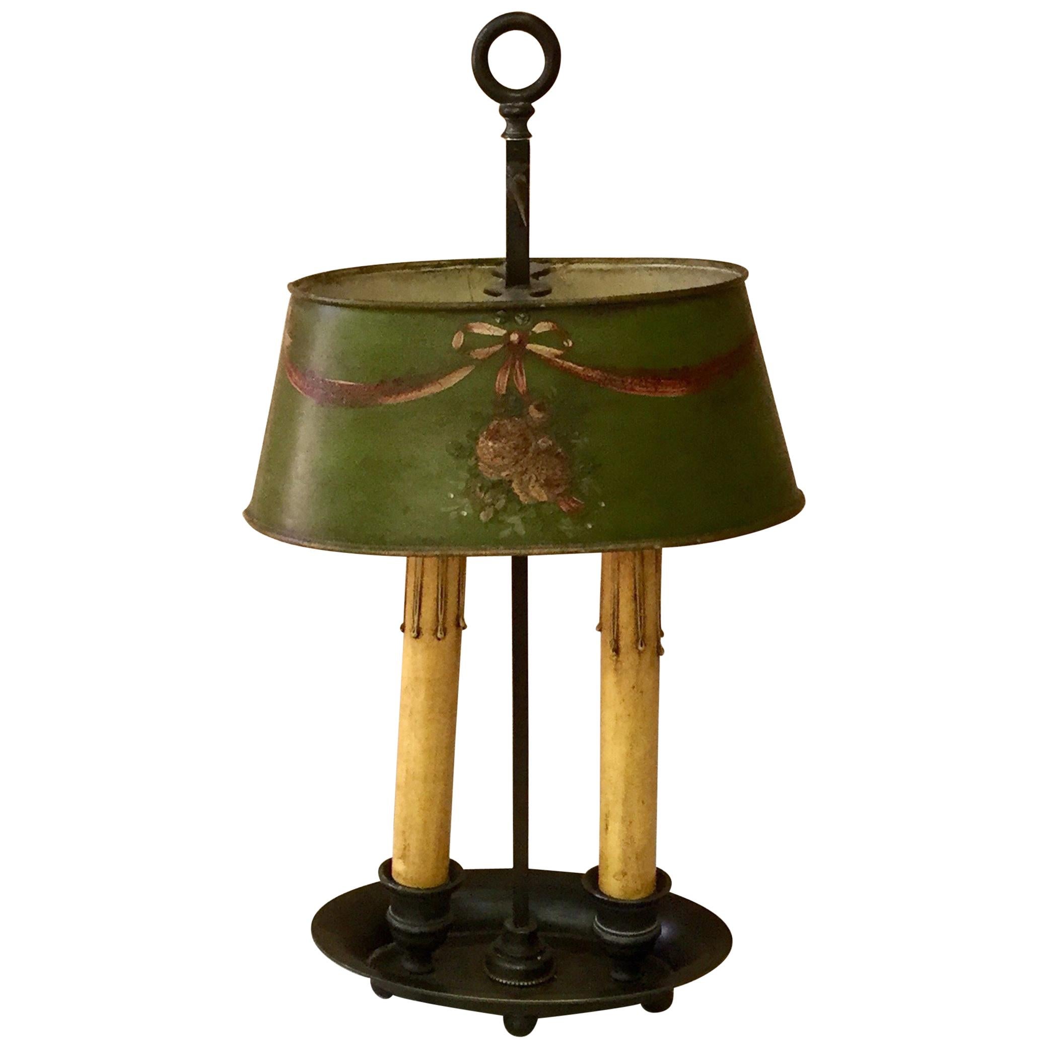 Lampe De Table Ancienne Française 19e - Porcelaine Vert Profond, Laiton Et Bronze