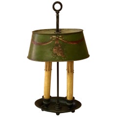 French Brass 19th Century Bouillote Lamp with Green Tole Painted Shade