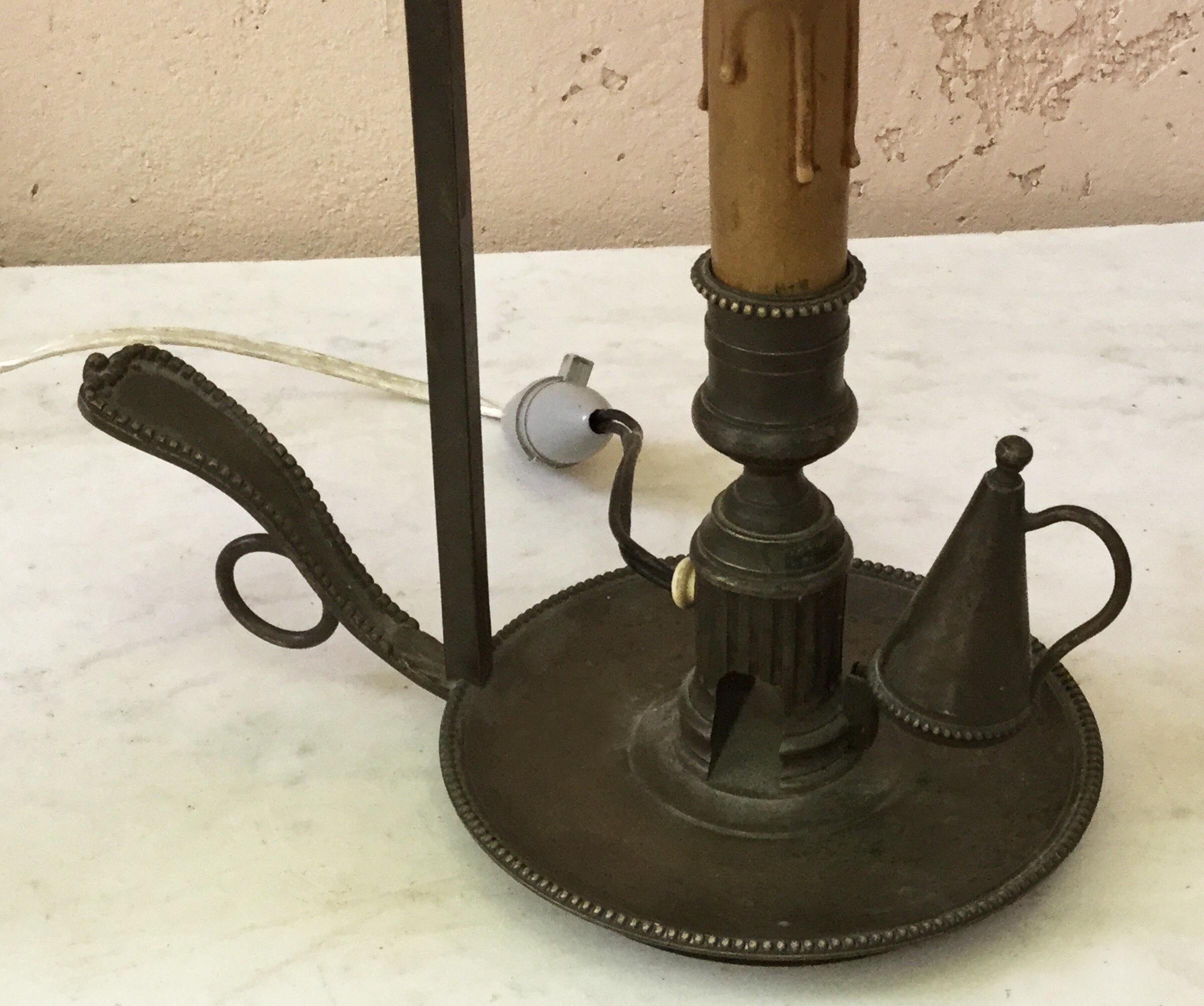 Louis XVI French Brass 19th Century Bouillote Lamp with Green Tole Shade