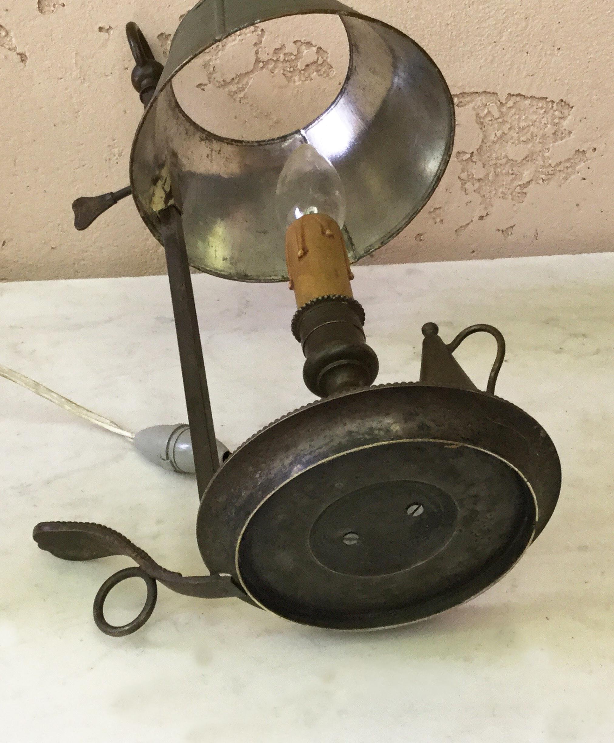 French Brass 19th Century Bouillote Lamp with Green Tole Shade In Good Condition In Austin, TX