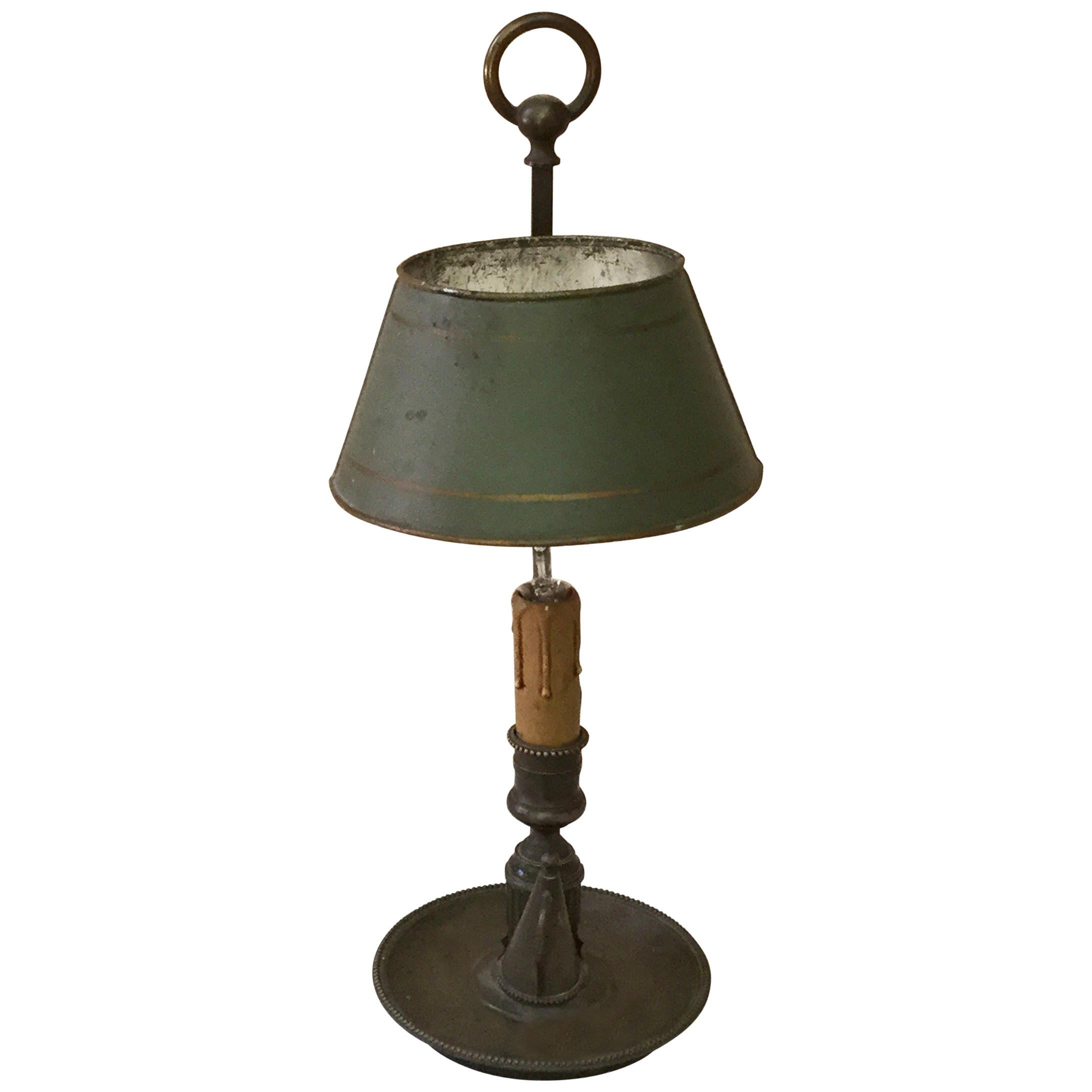French Brass 19th Century Bouillote Lamp with Green Tole Shade