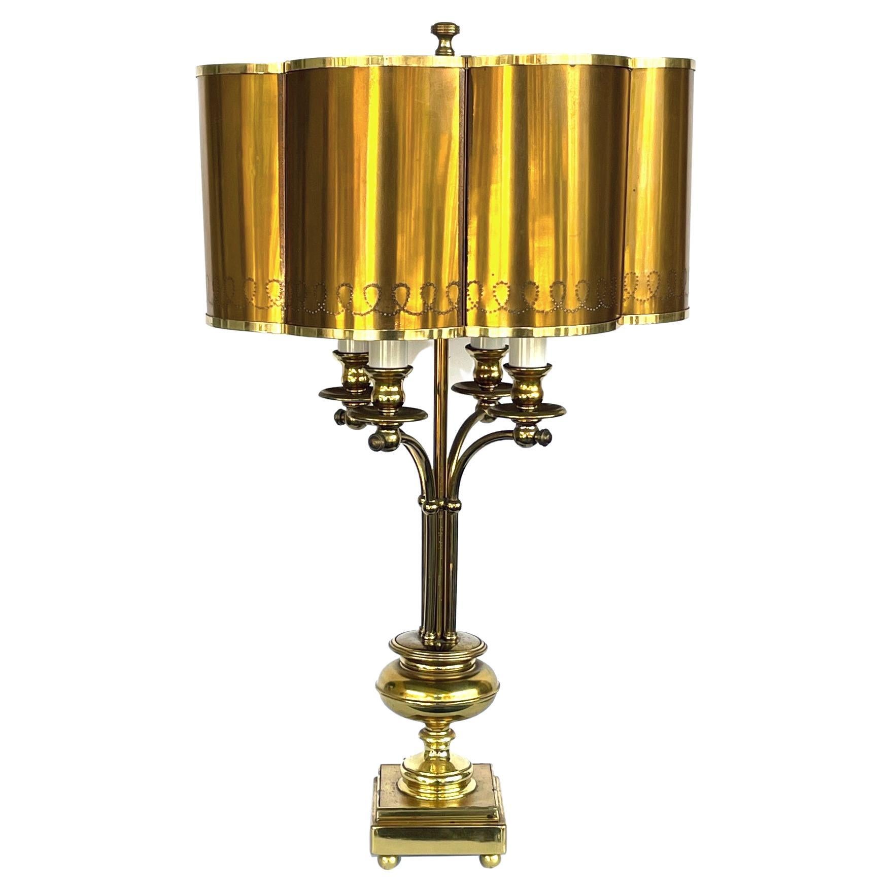 French Brass 4-Light Bouillotte Lamp with Original Scalloped Brass Shade