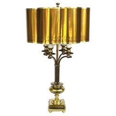 Retro French Brass 4-Light Bouillotte Lamp with Original Scalloped Brass Shade