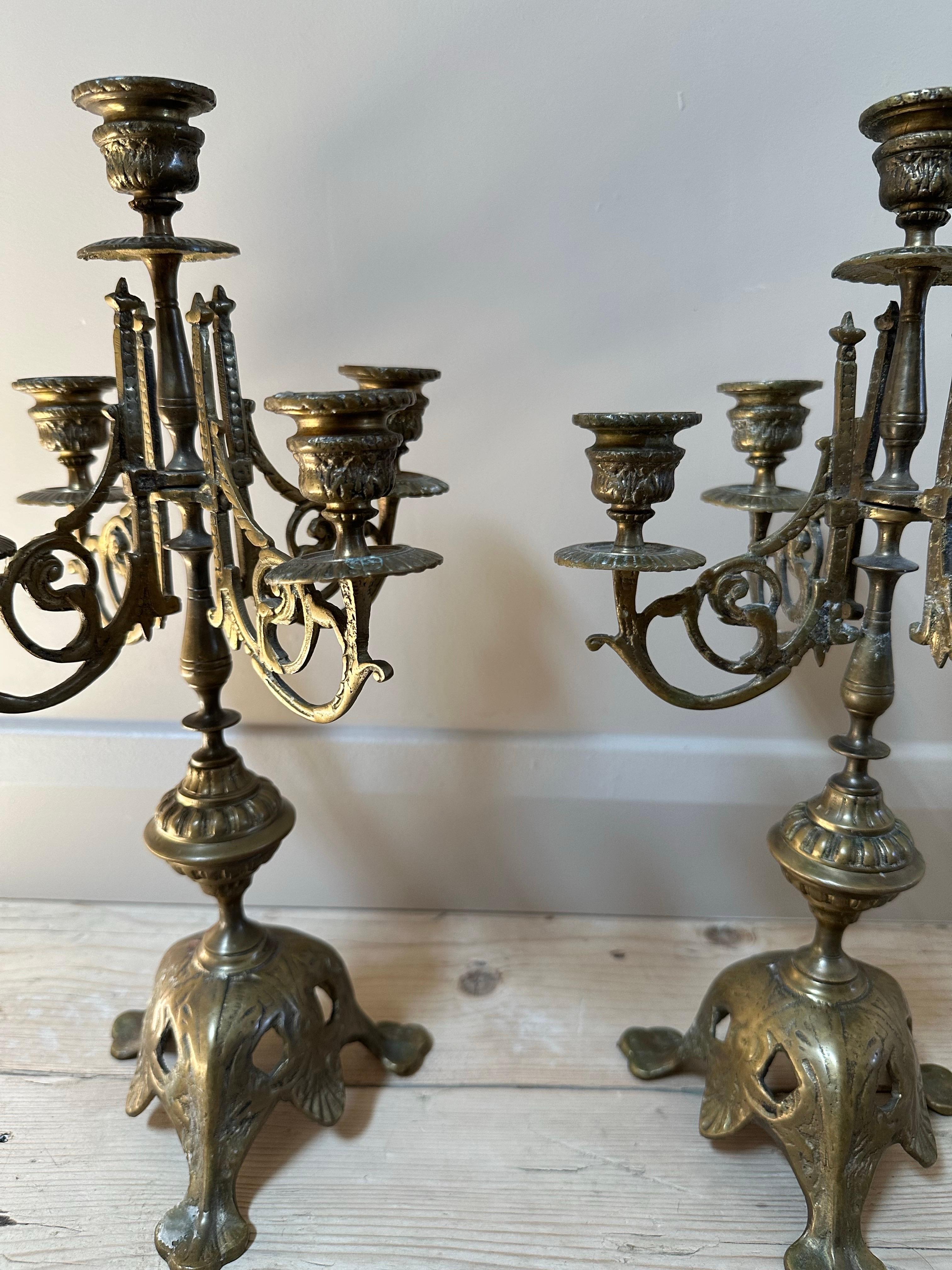 French Brass 5-Arm Candelabras, 19th Century, Set of 2 For Sale 5