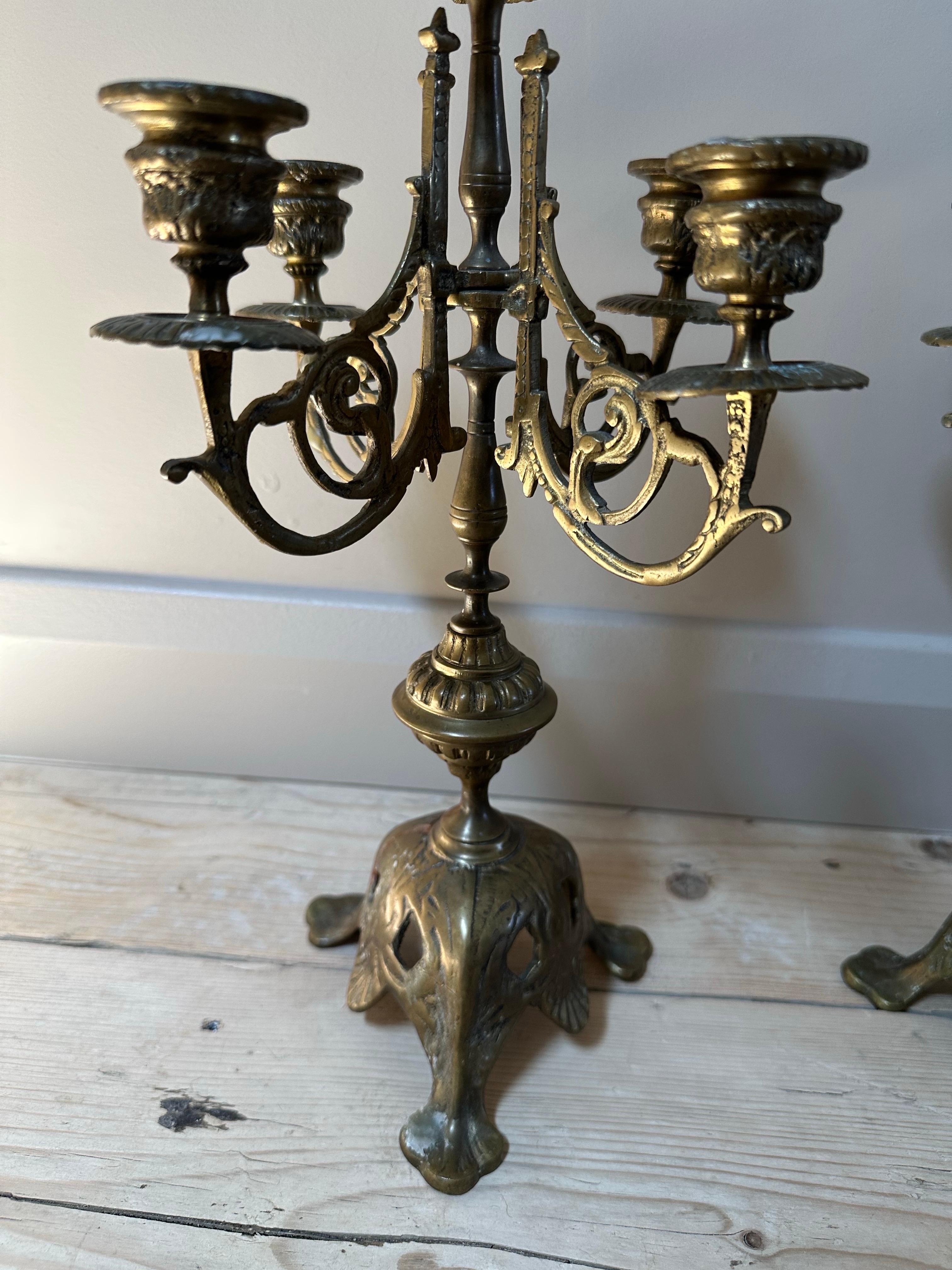 French Brass 5-Arm Candelabras, 19th Century, Set of 2 For Sale 6