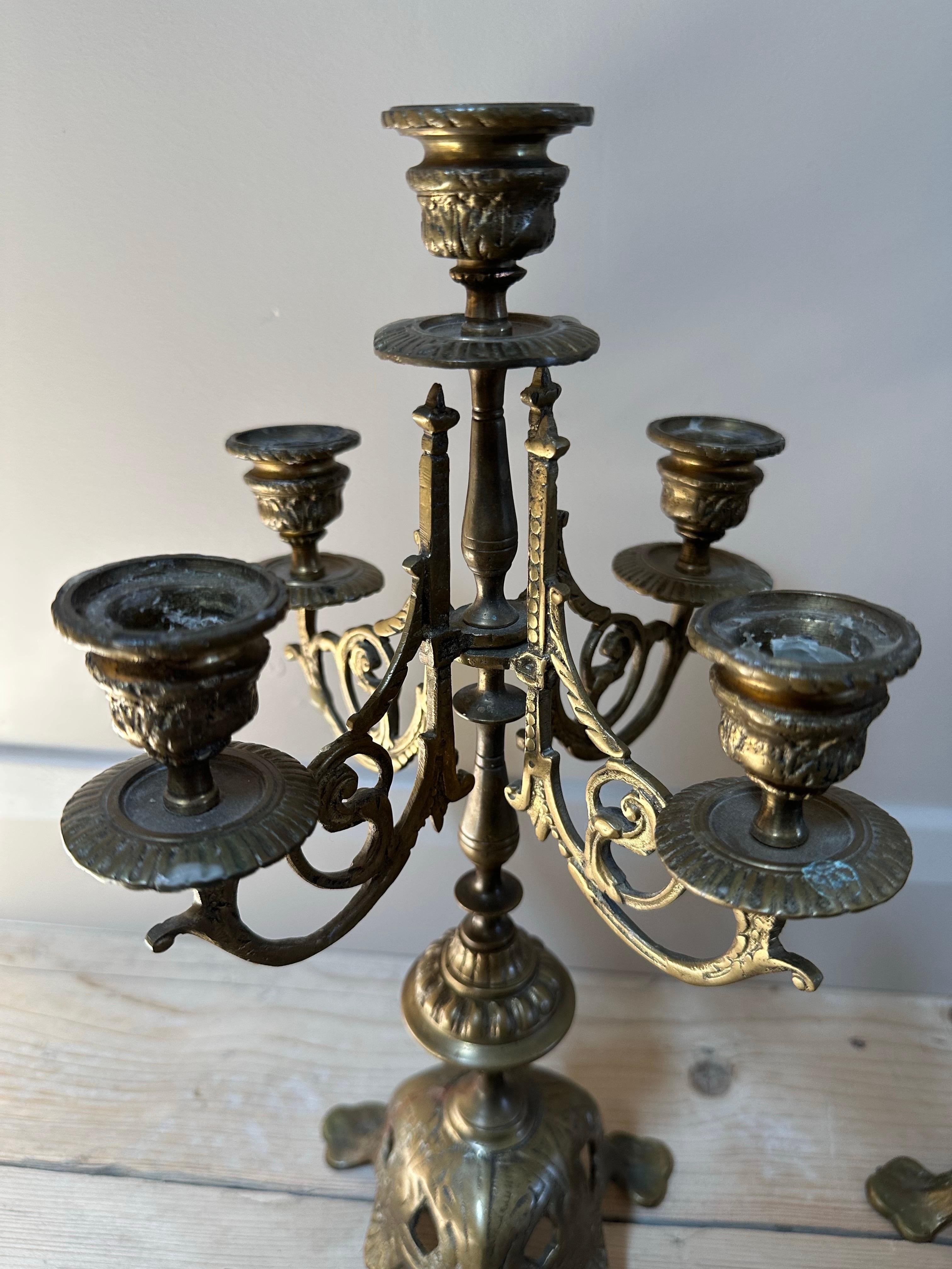 French Brass 5-Arm Candelabras, 19th Century, Set of 2 For Sale 7