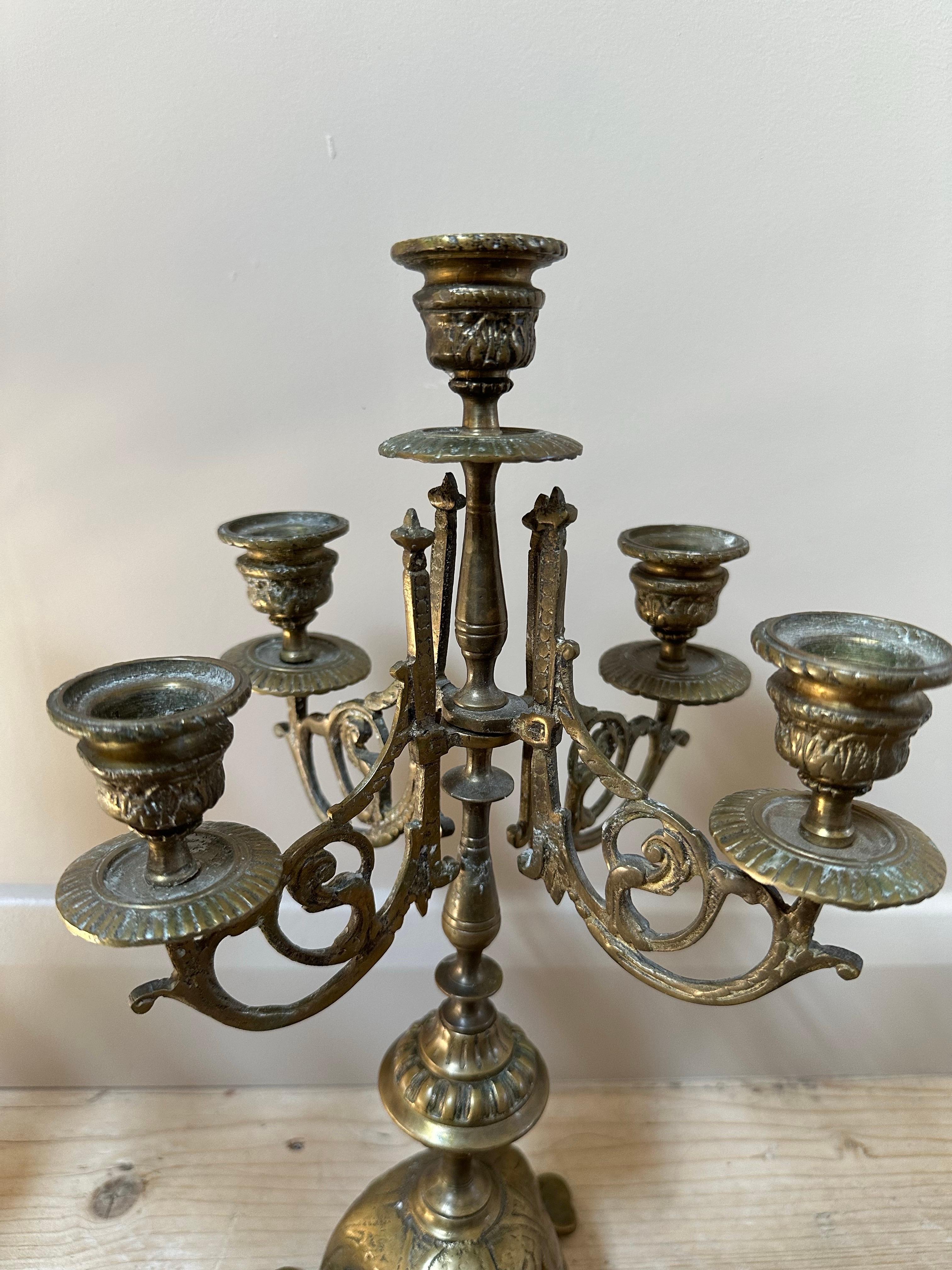French Brass 5-Arm Candelabras, 19th Century, Set of 2 For Sale 8