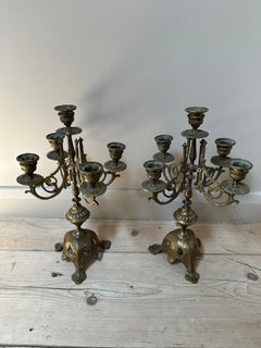French Brass 5-Arm Candelabras, 19th Century, Set of 2
