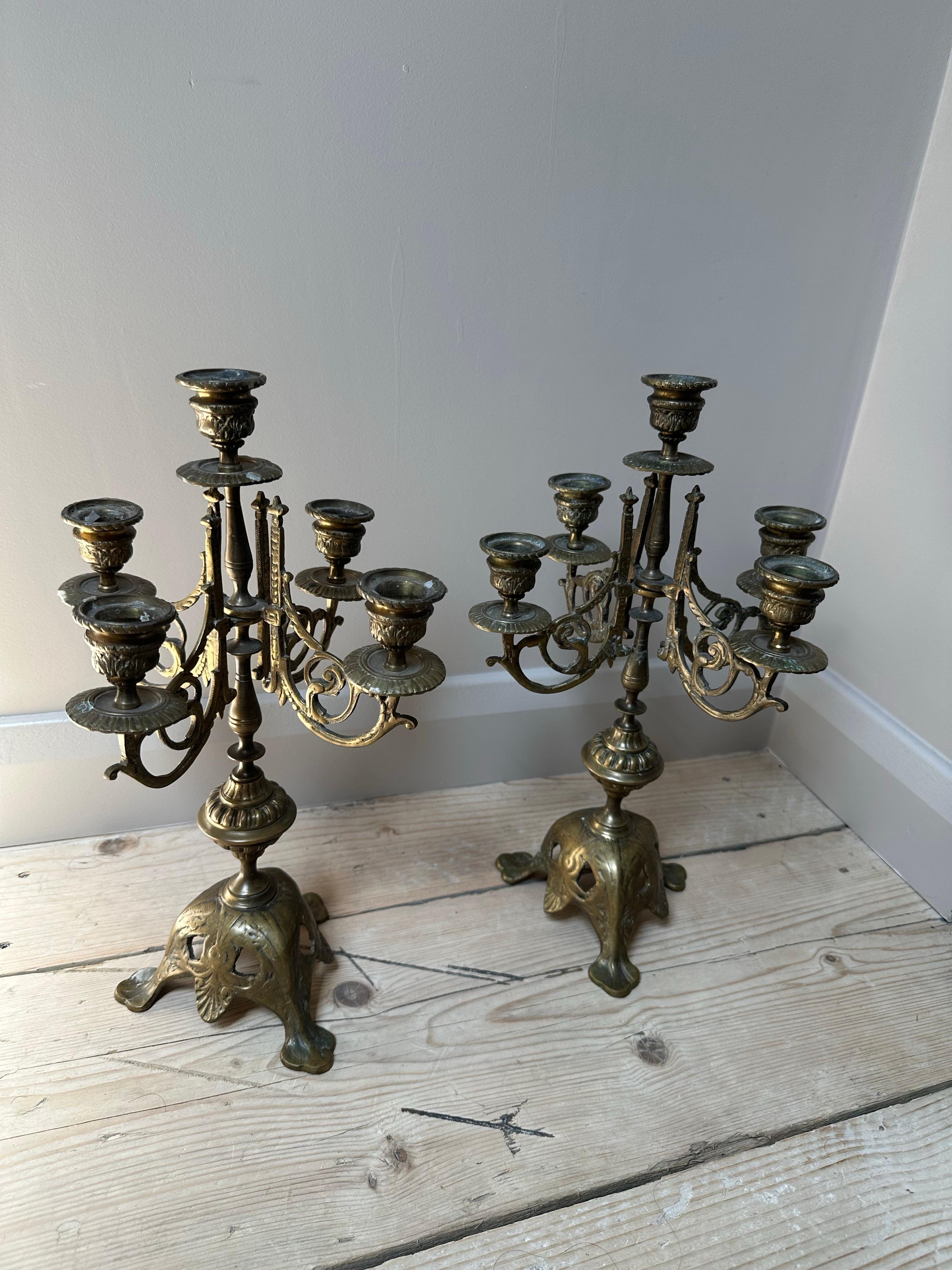 Neoclassical French Brass 5-Arm Candelabras, 19th Century, Set of 2 For Sale