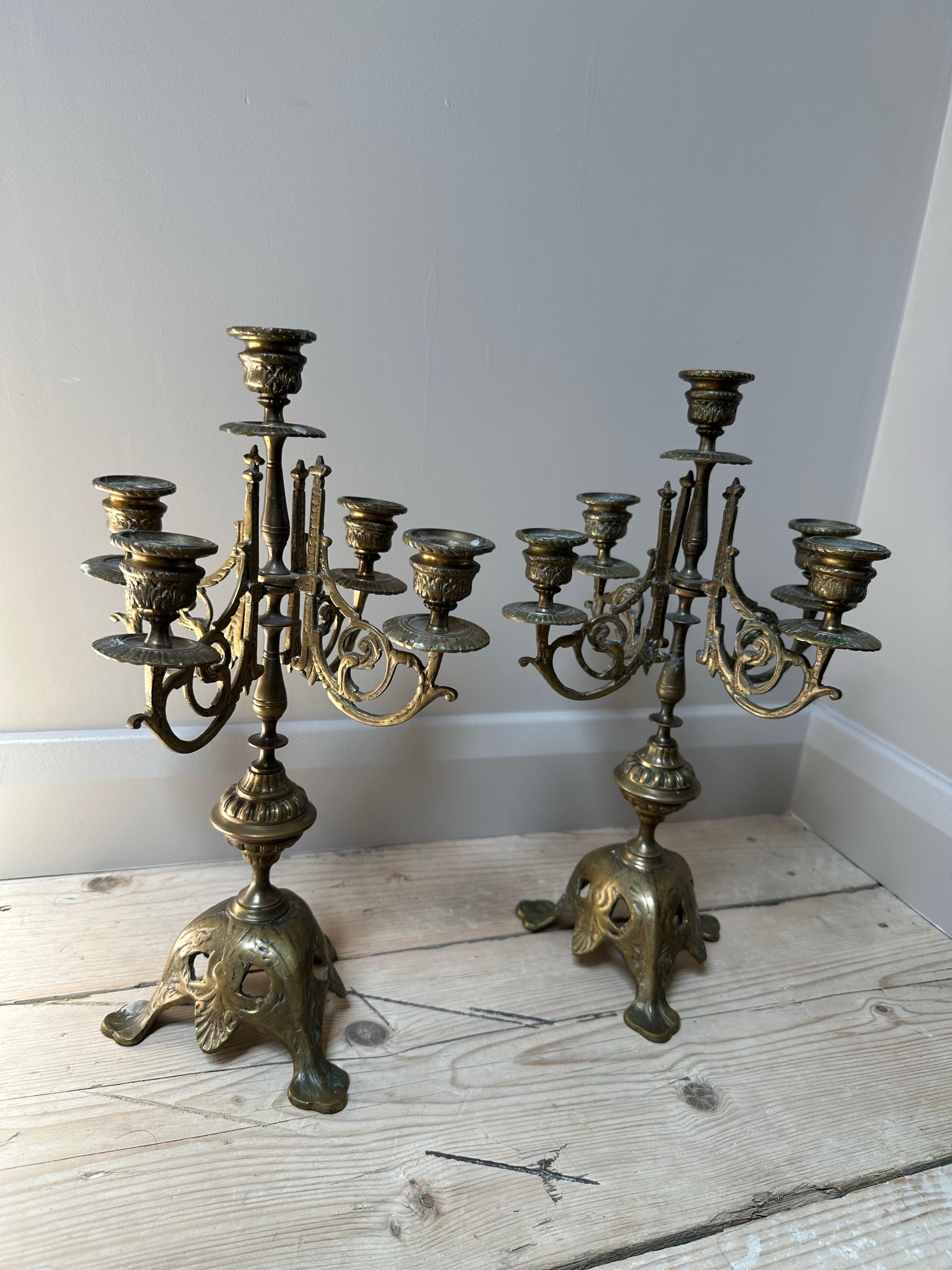 Hand-Carved French Brass 5-Arm Candelabras, 19th Century, Set of 2 For Sale