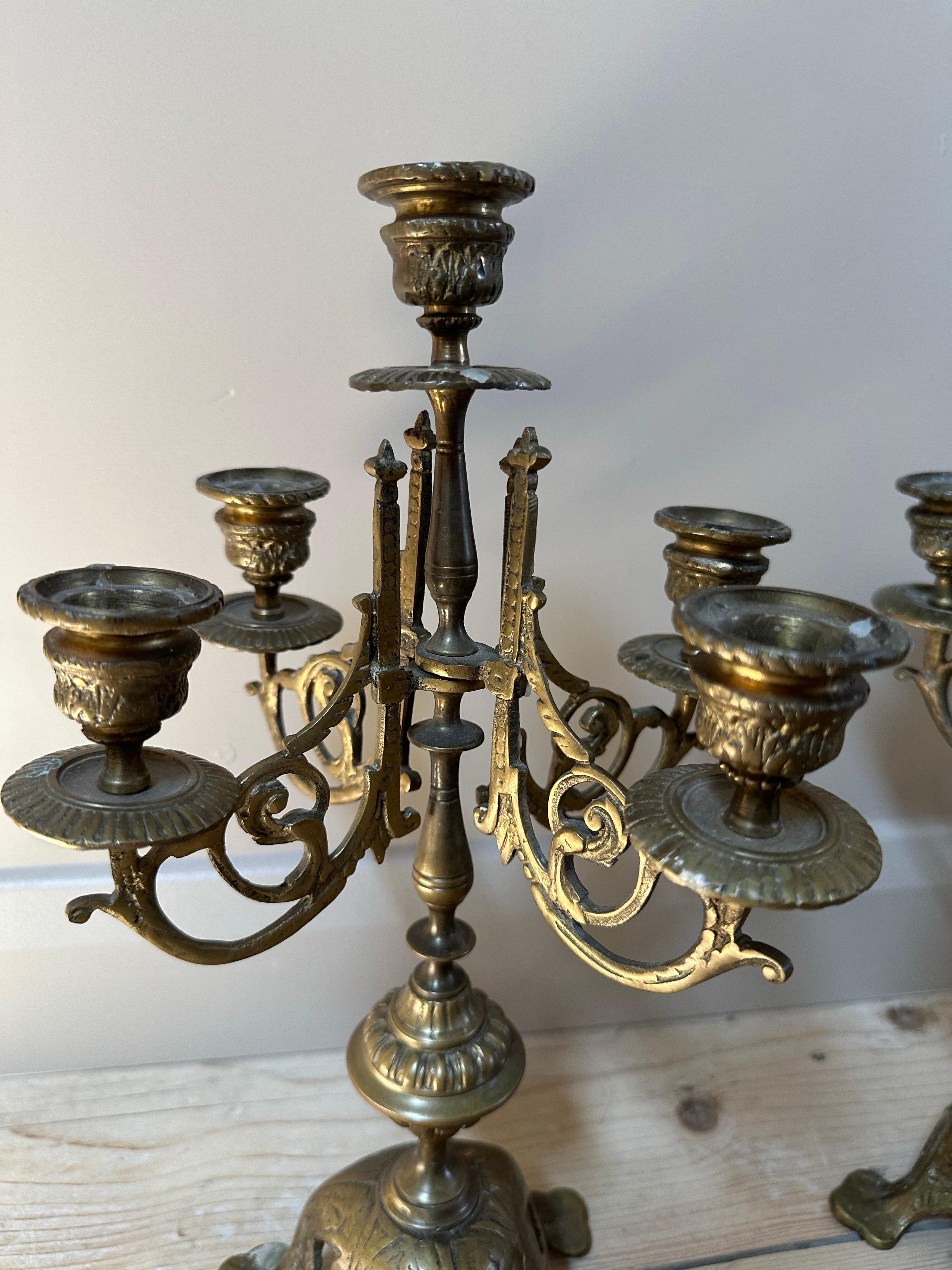 French Brass 5-Arm Candelabras, 19th Century, Set of 2 In Good Condition For Sale In Worcester Park, GB
