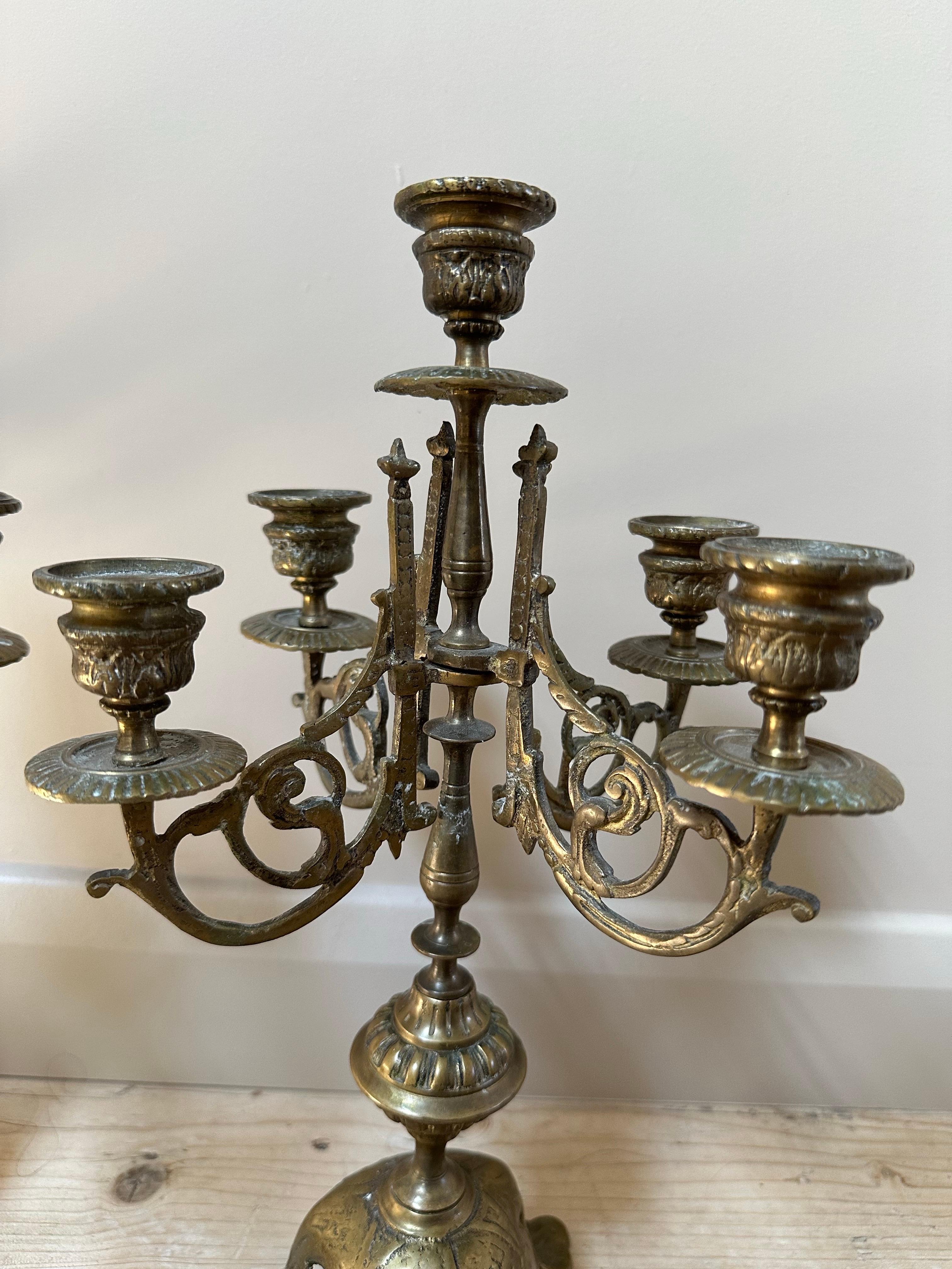 French Brass 5-Arm Candelabras, 19th Century, Set of 2 For Sale 1