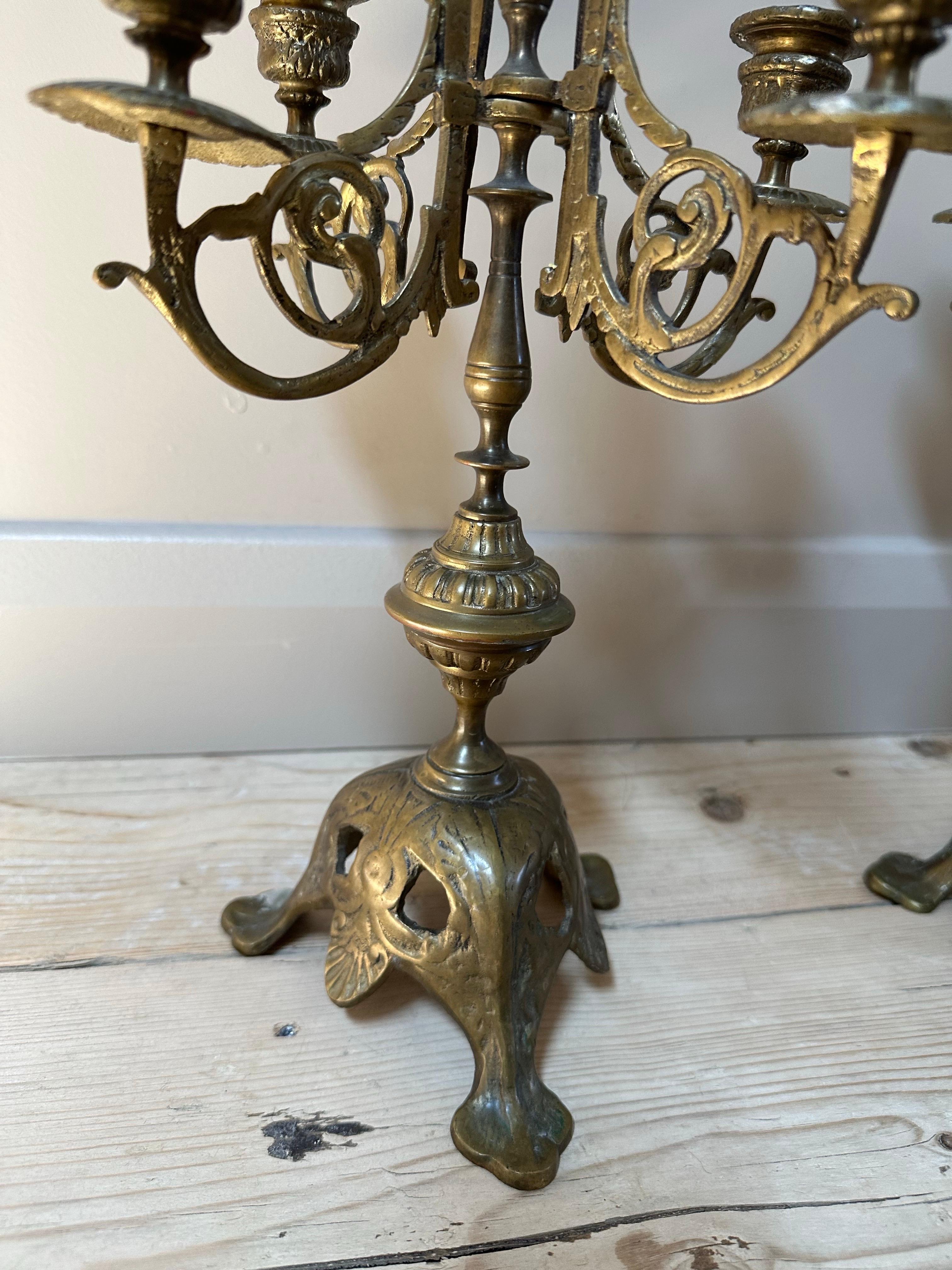 French Brass 5-Arm Candelabras, 19th Century, Set of 2 For Sale 3