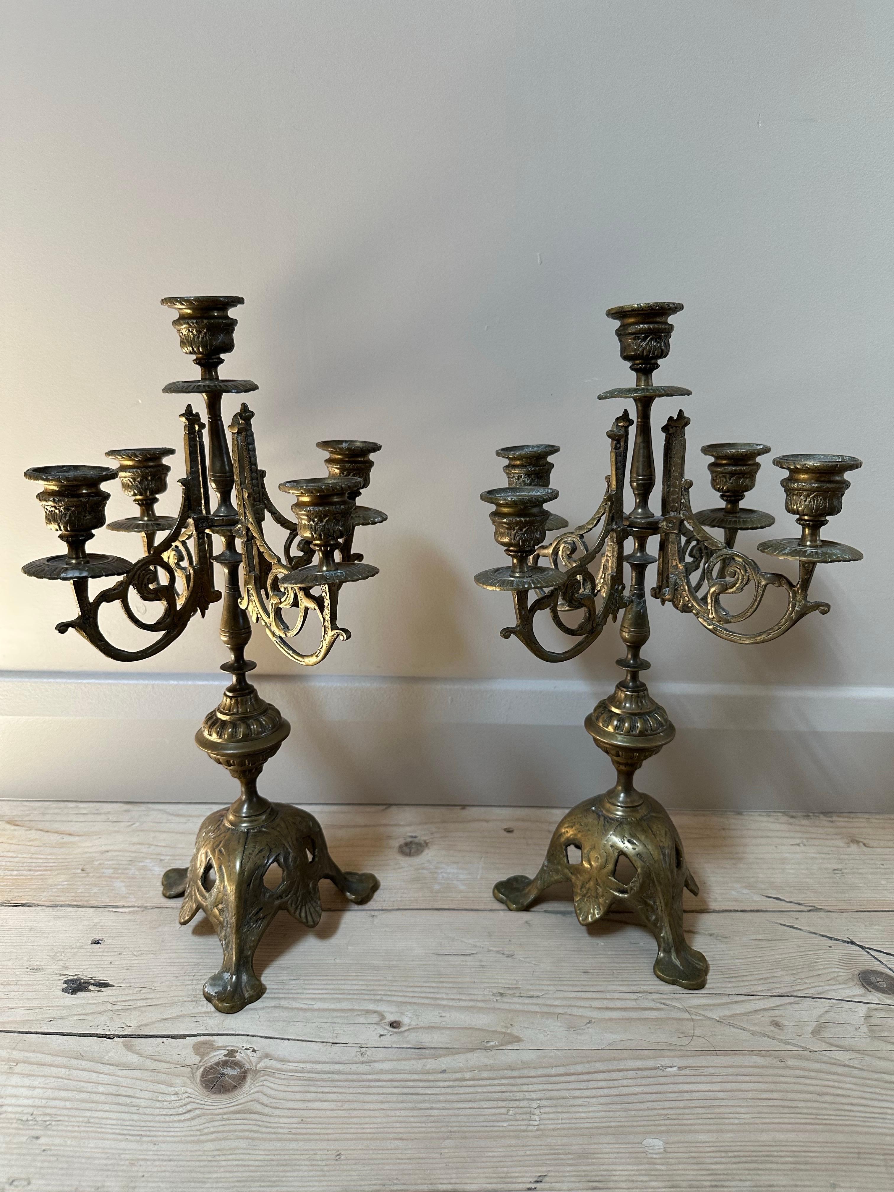 French Brass 5-Arm Candelabras, 19th Century, Set of 2 For Sale 4