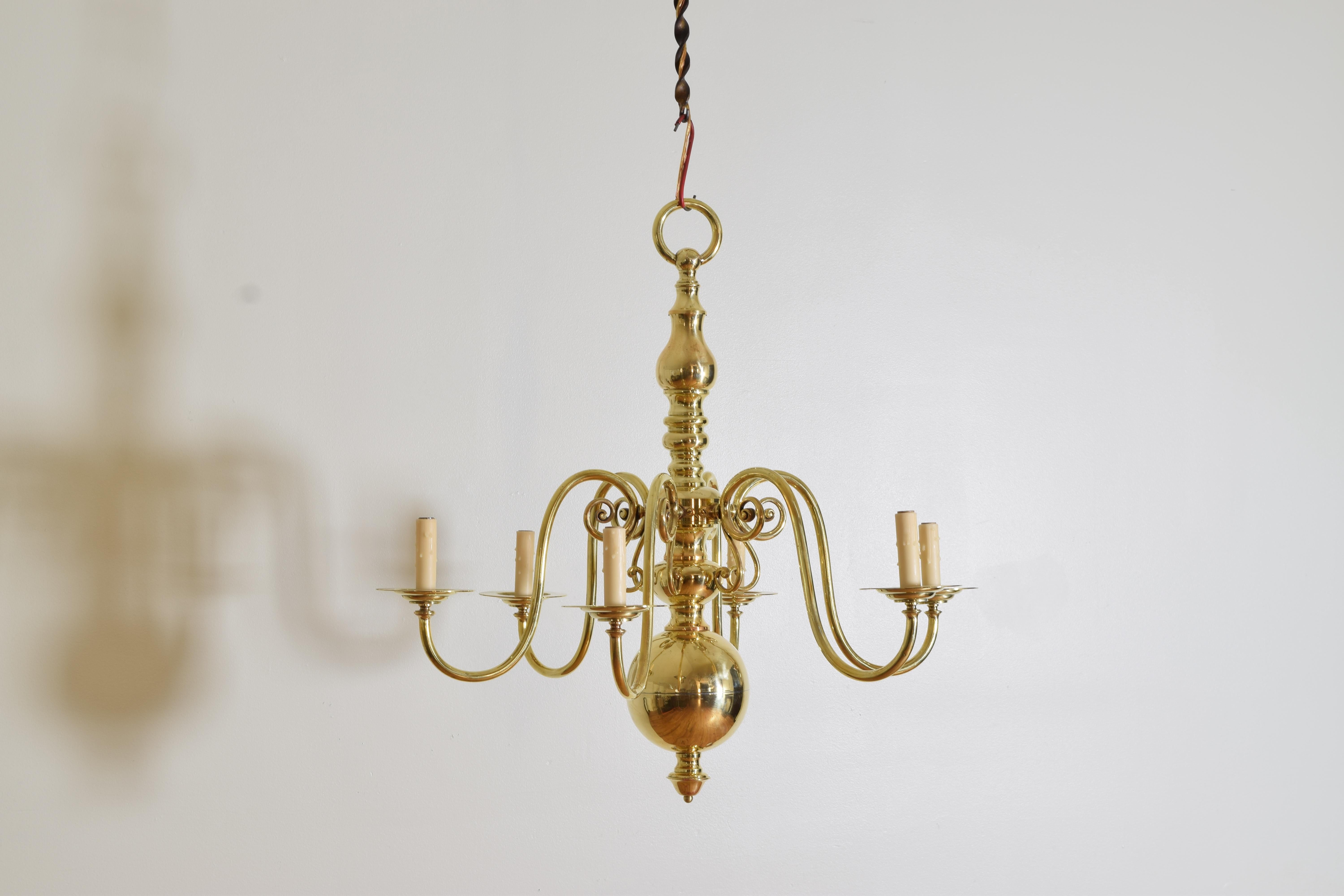 Dutch Colonial French Brass 6-Arm Chandelier in the Dutch Style, 1st Half 20th Century For Sale