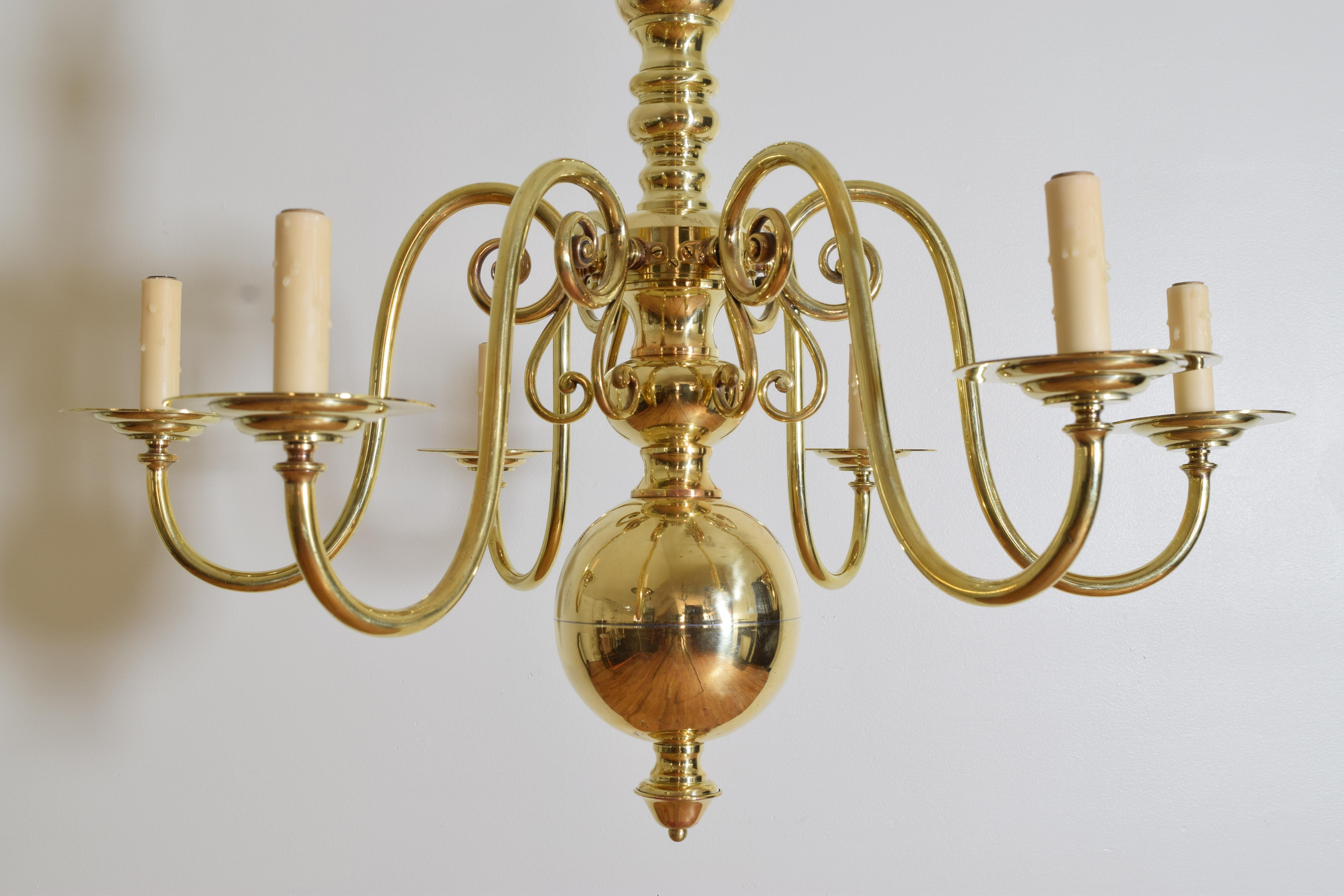 French Brass 6-Arm Chandelier in the Dutch Style, 1st Half 20th Century For Sale 3