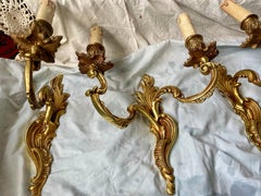 French Brass Acanthus Leaf Double Arm Single Arm Pair 3 Piece Sconce Set