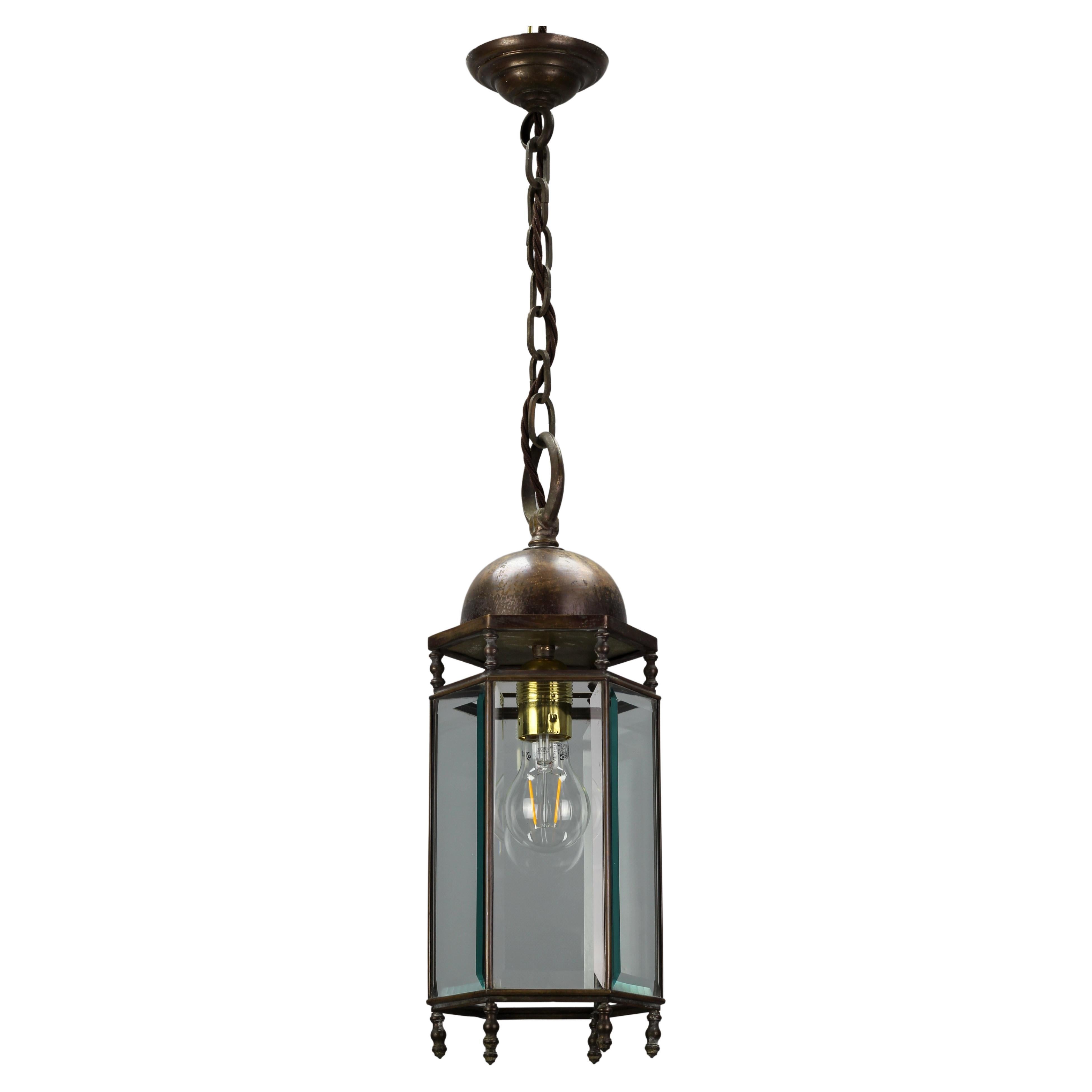 French Brass and Beveled Clear Glass Hexagonal Hanging Lantern, circa 1920