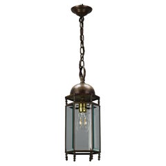 French Brass and Beveled Clear Glass Hexagonal Hanging Lantern, circa 1920