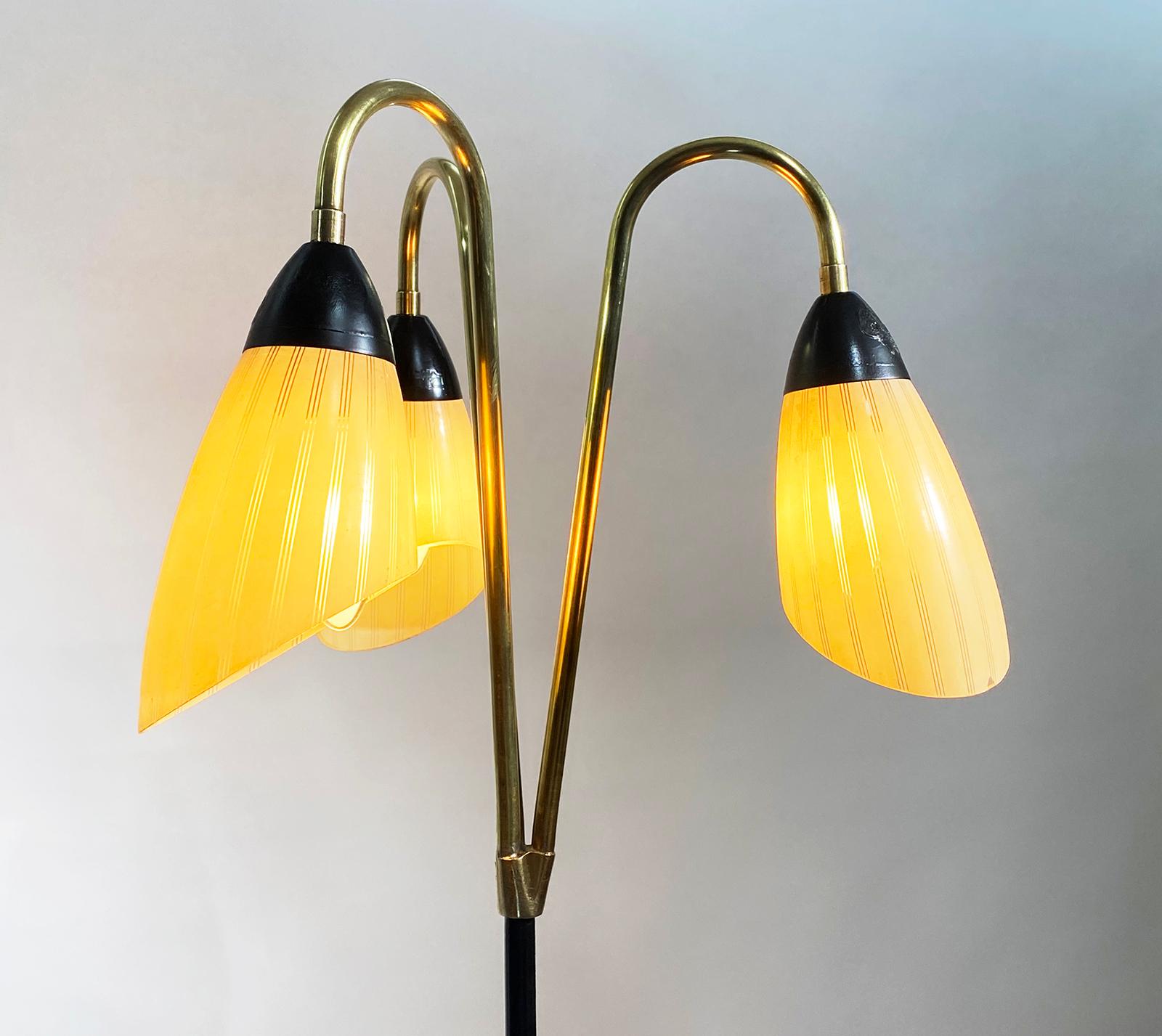 20th Century French Brass and Black Metal Floor Lamp with 3 Glass Lights, 1950s For Sale