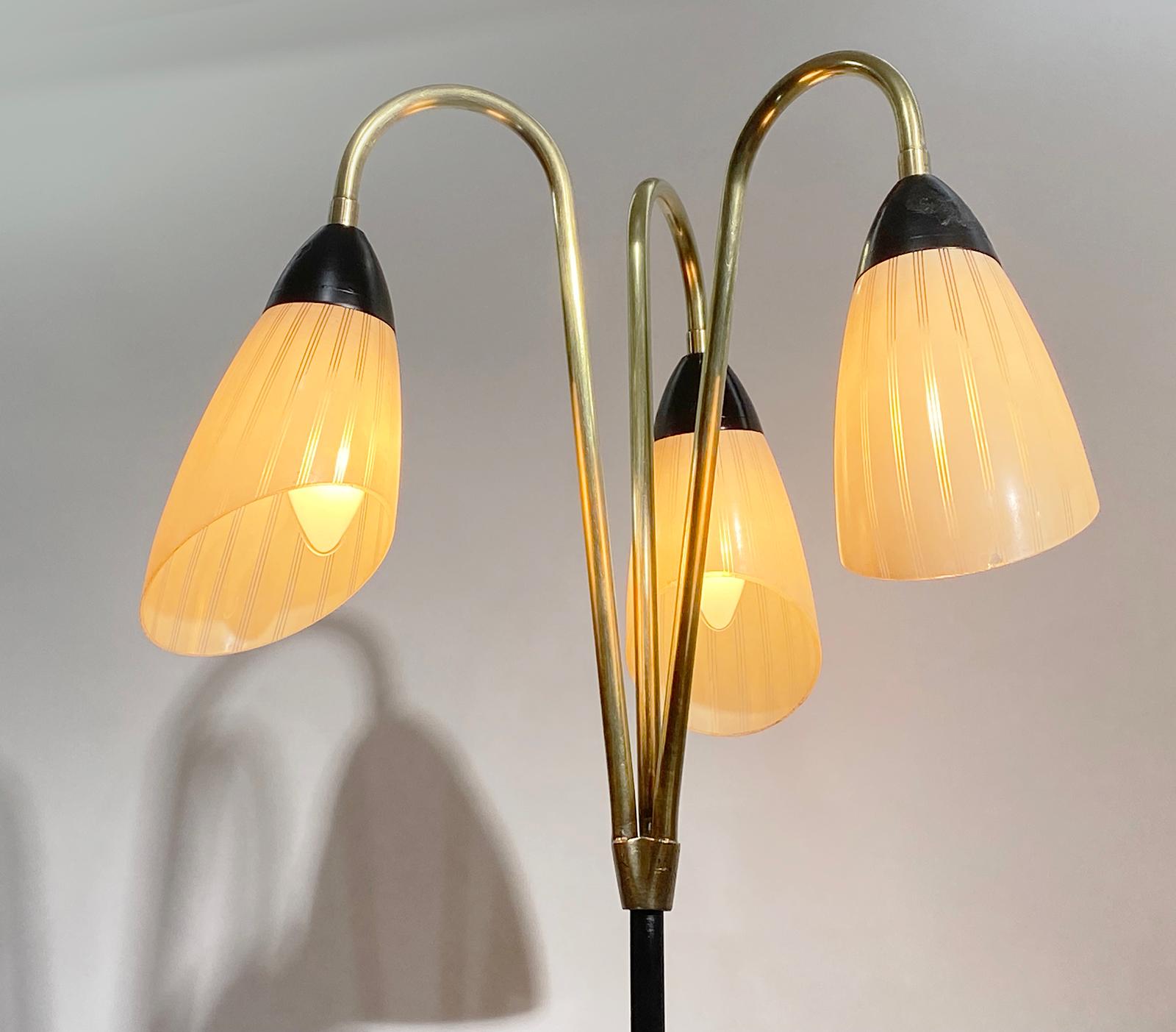 French Brass and Black Metal Floor Lamp with 3 Glass Lights, 1950s For Sale 1