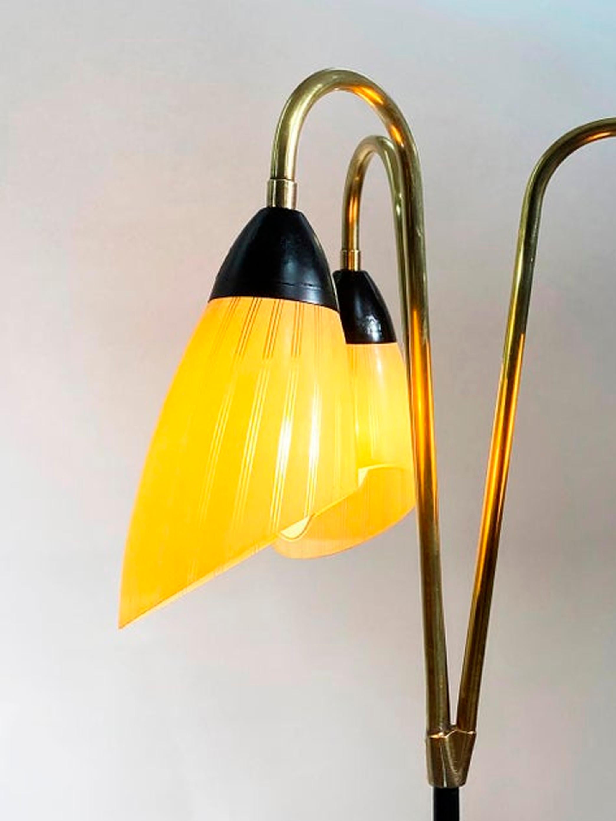 French Brass and Black Metal Floor Lamp with 3 Glass Lights, 1950s For Sale 2