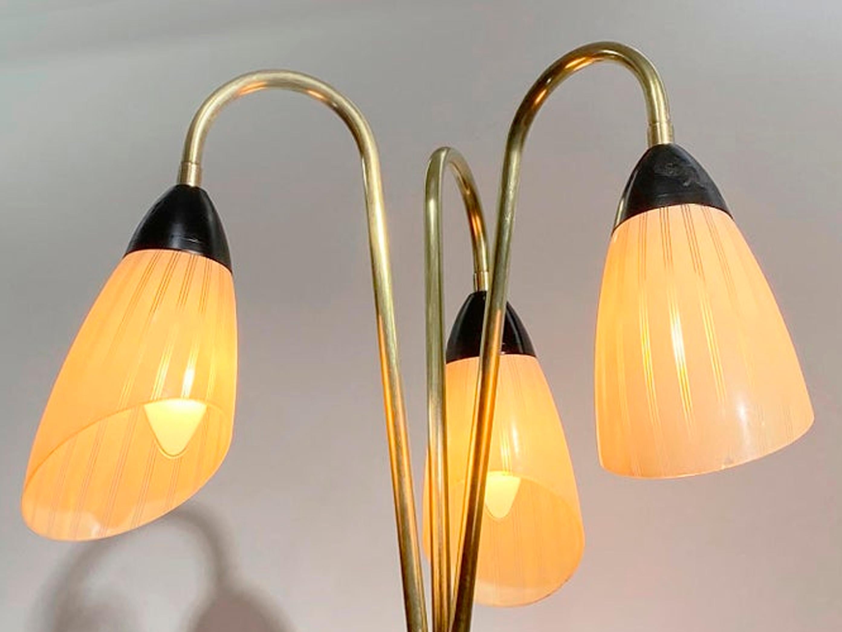 French Brass and Black Metal Floor Lamp with 3 Glass Lights, 1950s For Sale 4